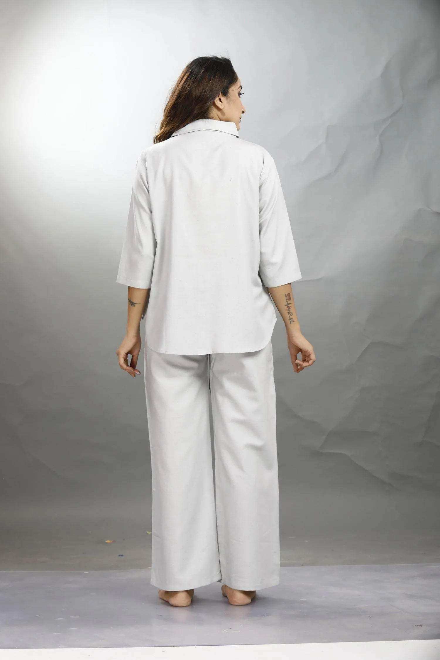 Velure Classic Grey Palazzo Co-ord Set - Velure - - 3/4 Sleeves, Collar Neck, Front Button Open, Full Length Pant