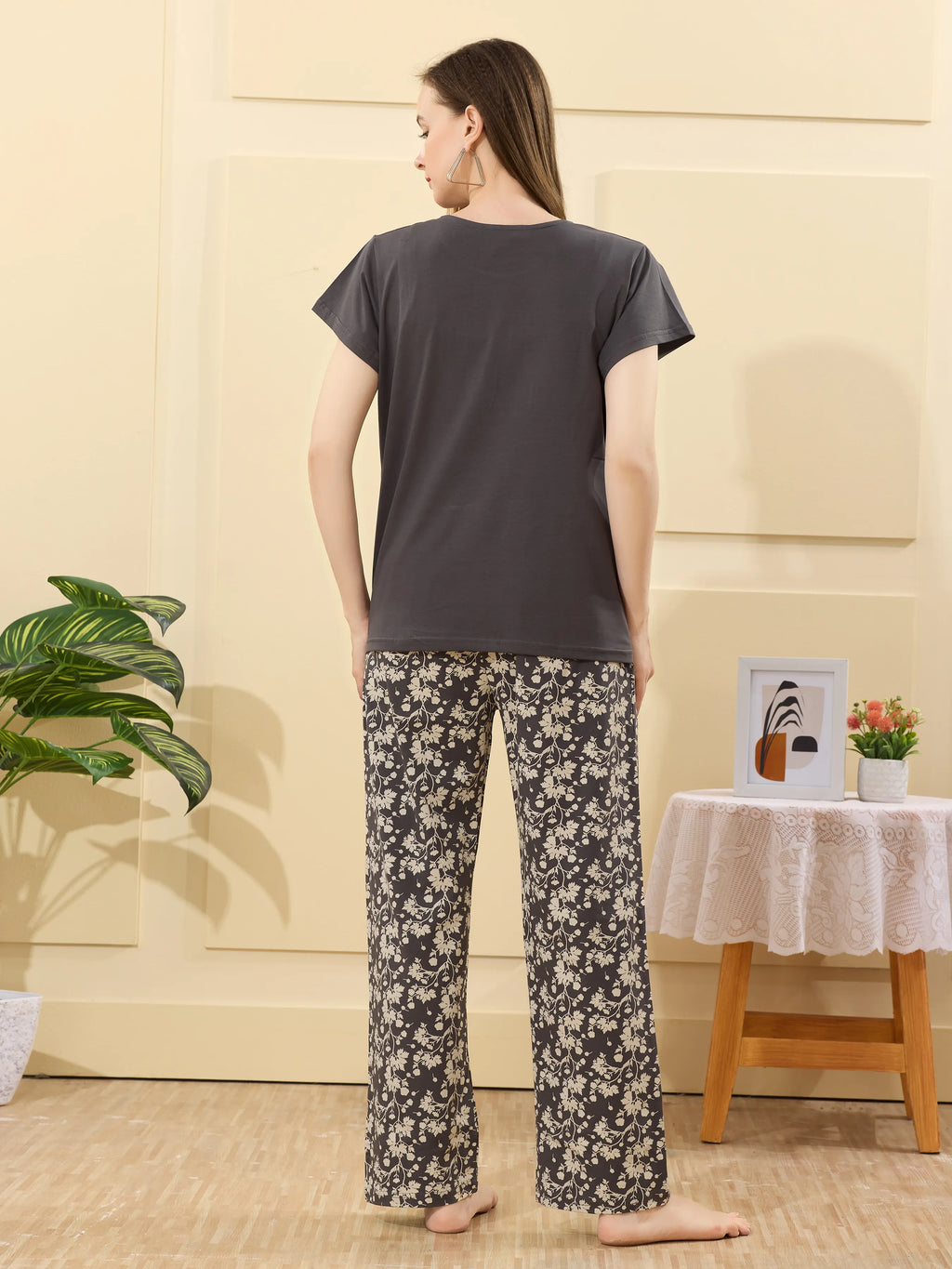 Velure Pleasant Blossom Print Pajama Set - Velure - - Cotton Lycra Fabric, Full Length Pant, Half Sleeves, Round neck nightsuit