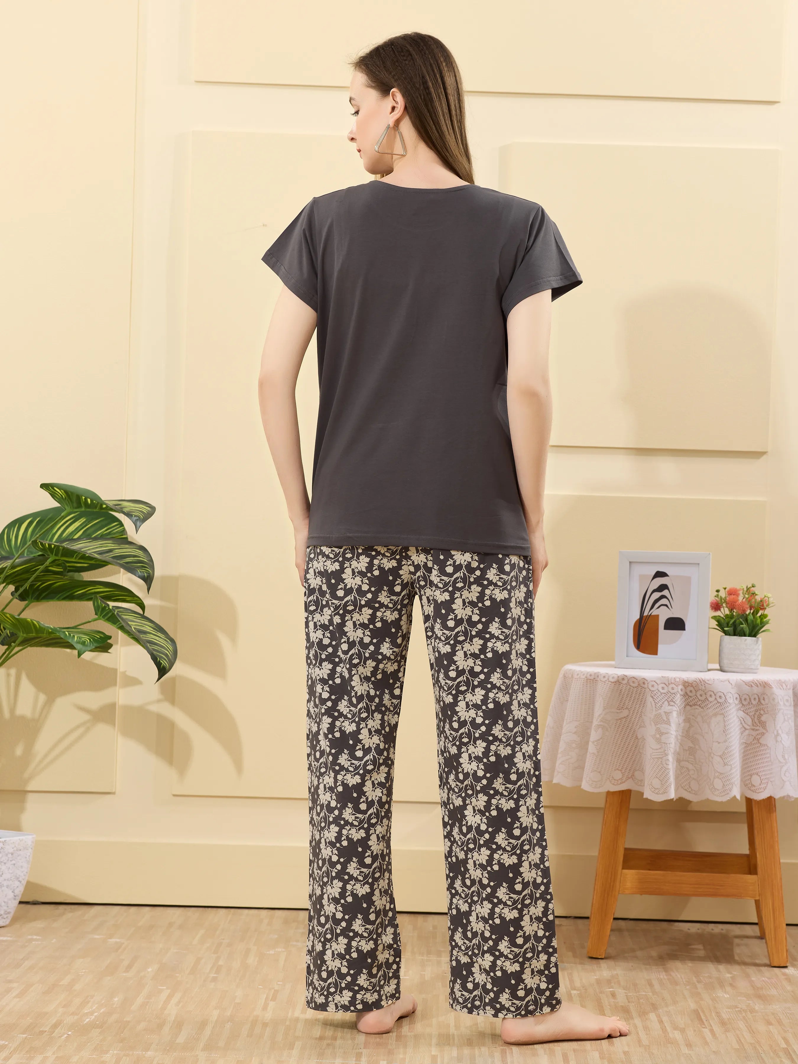Velure Pleasant Blossom Print Pajama Set - Velure - - Cotton Lycra Fabric, Full Length Pant, Half Sleeves, Round neck nightsuit