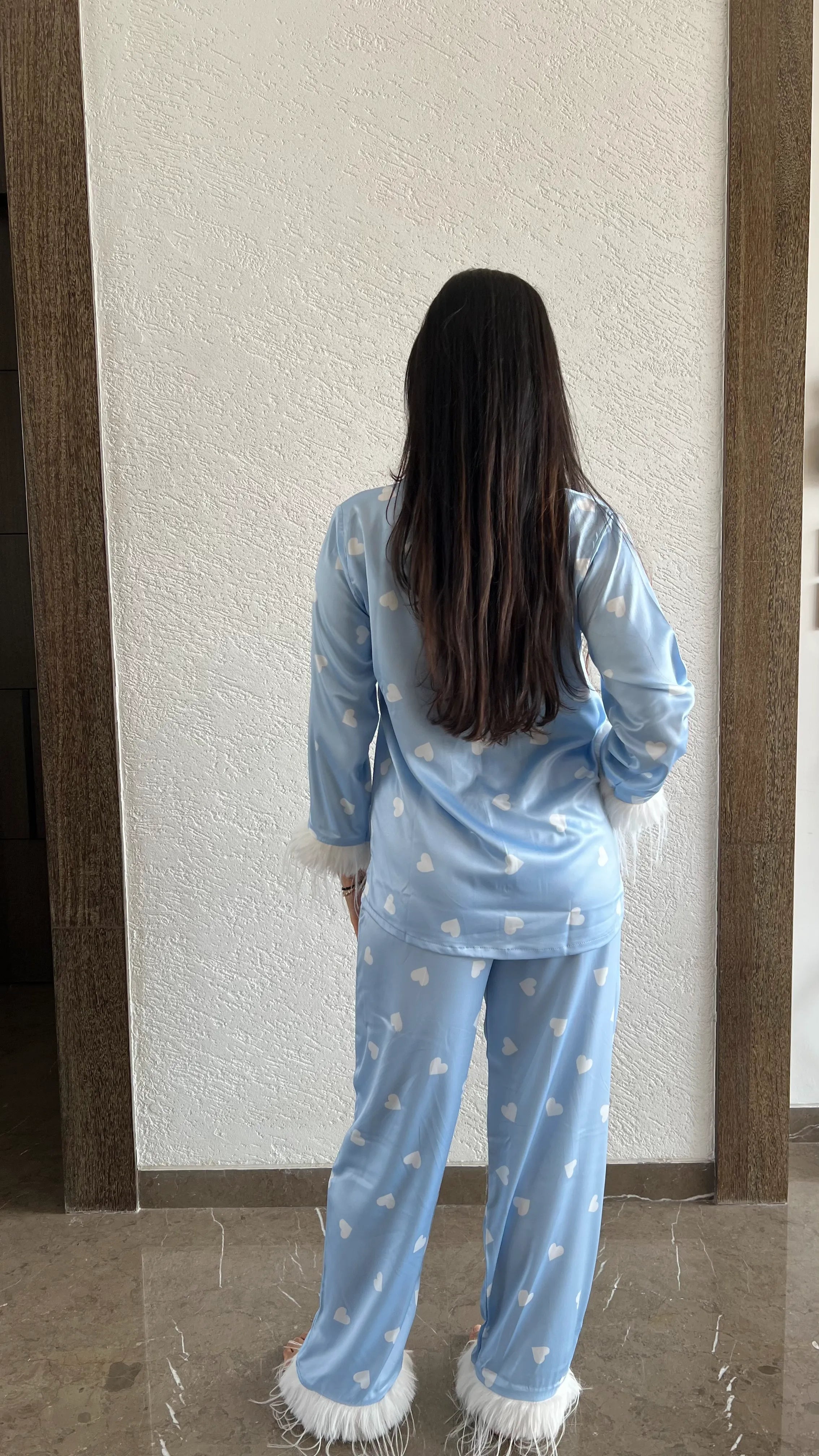 Velure Cute Blue Heart Printed Satin Fur Night Suit - Velure - Shirt and Pant - Front Button Open, Full Length Pant, Fur, Satin