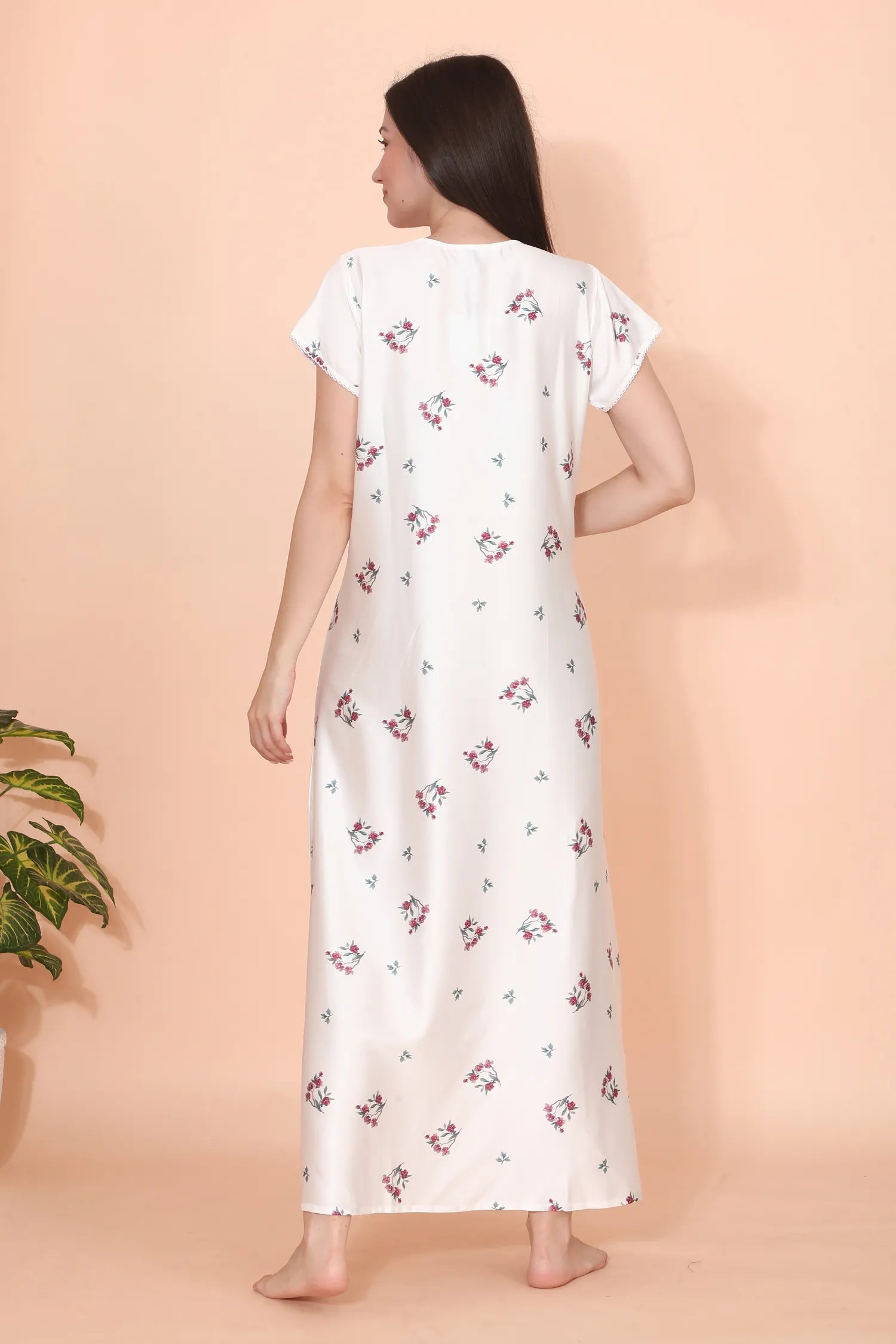 Velure Classic White Floral Print Satin Nighty