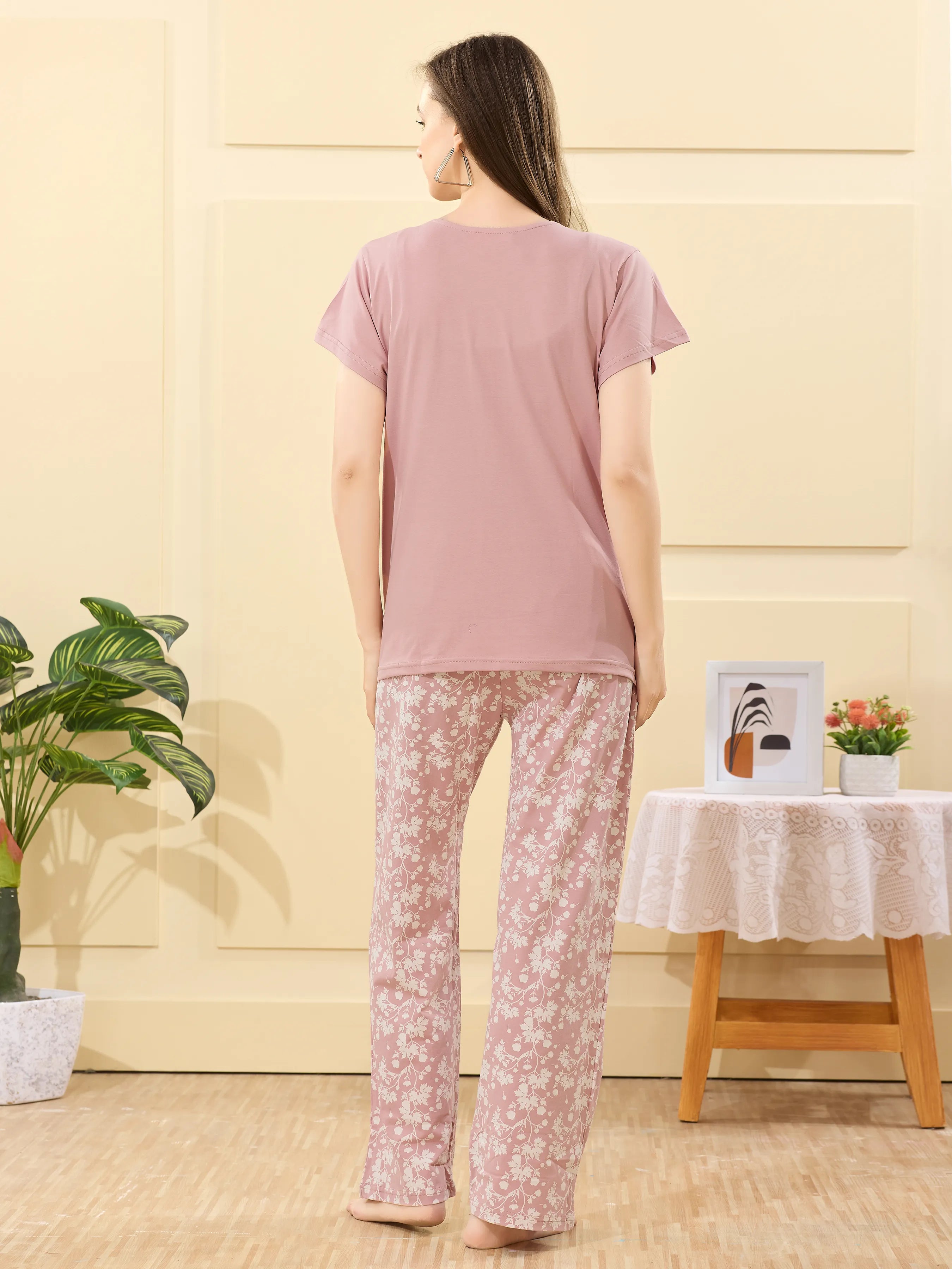 Velure Captivating Floral Print Pajama Set - Velure - - Cotton Lycra Fabric, Full Length Pant, Half Sleeves, Round neck nightsuit