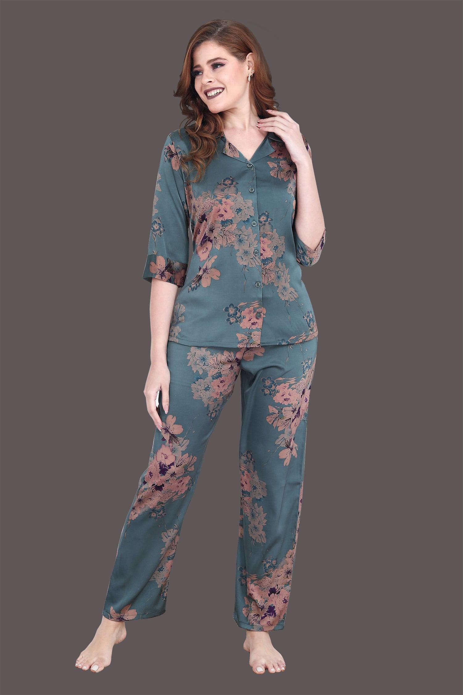 Velure Blooming Floral Satin Print Night Suit - Velure - Shirt and Pant - 3/4 Sleeves, Collar Neck, Floral Print, Front Button Open, Full Length Pant, Satin