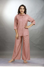 Velure Trendy Brown Palazzo Co-ord Set - Velure - - 3/4 Sleeves, Collar Neck, Front Button Open, Full Length Pant