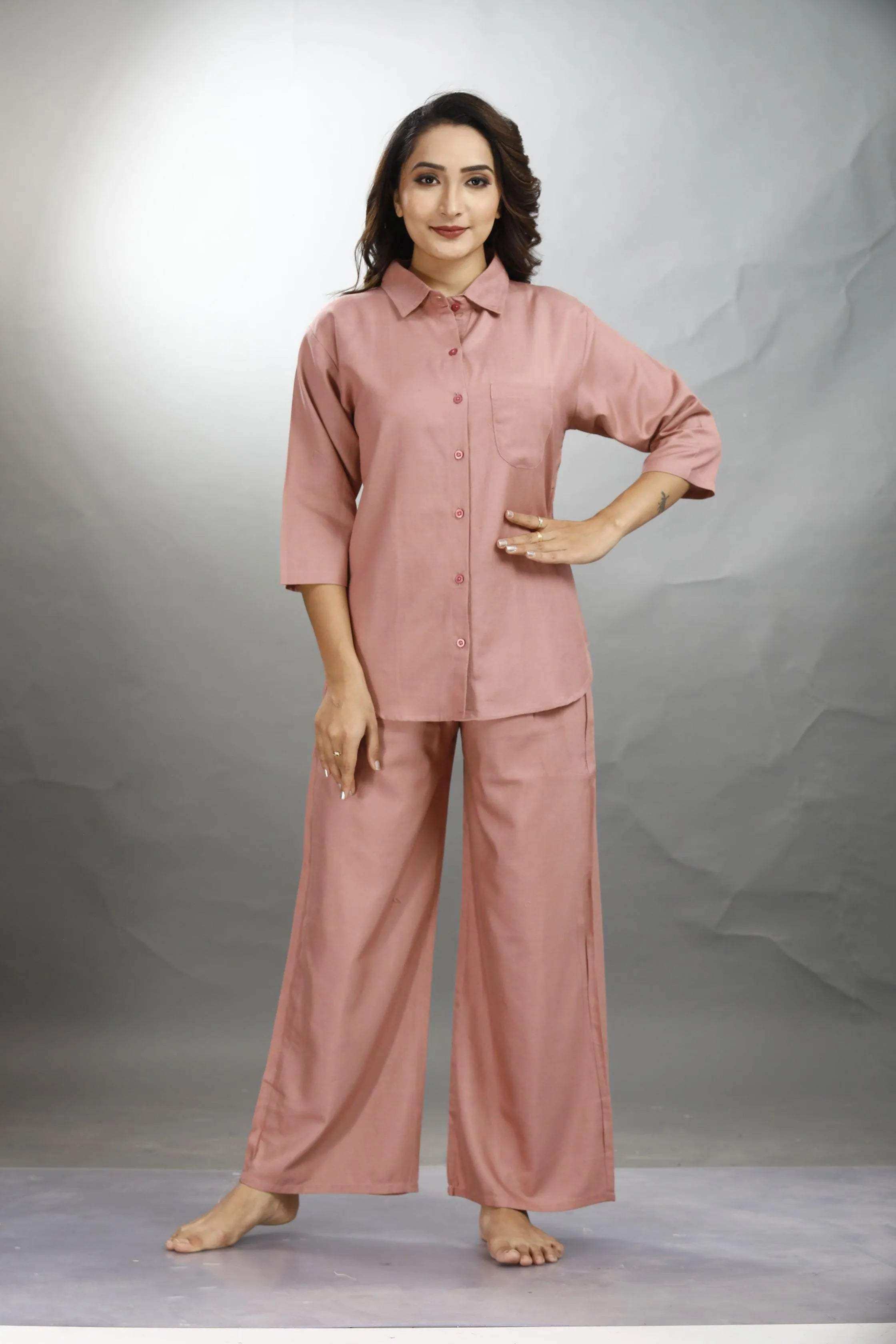 Velure Trendy Brown Palazzo Co-ord Set - Velure - - 3/4 Sleeves, Collar Neck, Front Button Open, Full Length Pant