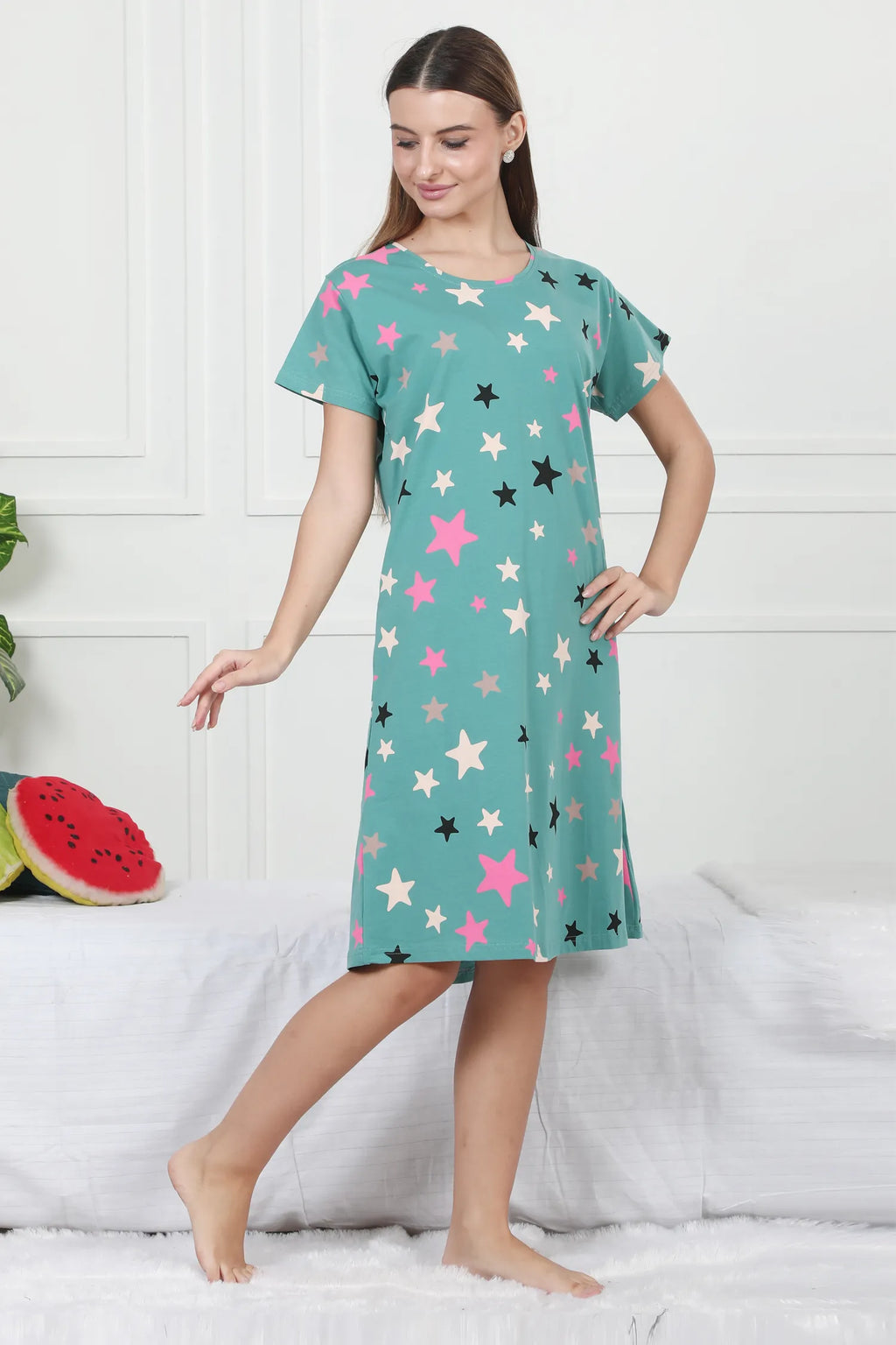 Velure Glossy Star Print Short Nighty - Velure - - Cotton, Half Sleeves, Knee Length, Printed, Round neck