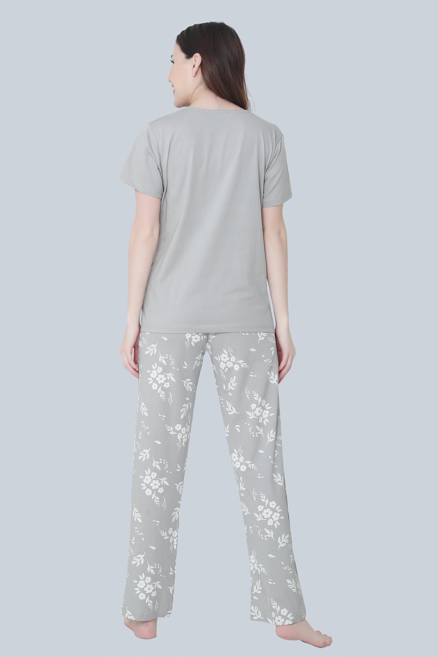 Velure Trendy Floral Print Pajama Set - Velure - T-Shirt and Pant - Cotton Lycra Fabric, Floral Print, Full Length Pant, Half Sleeves, Round neck nightsuit