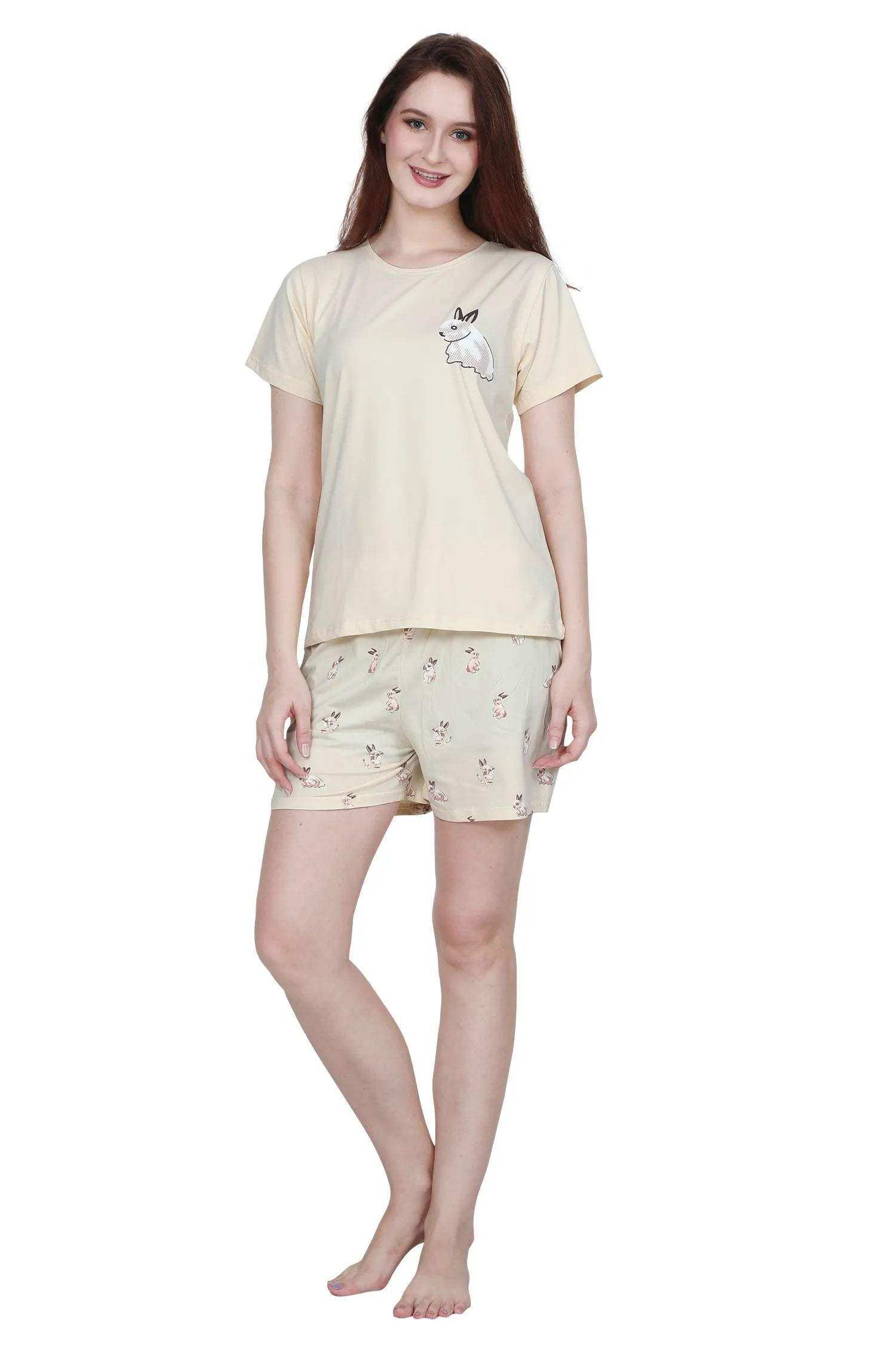Velure Bunny Shorts Set - Velure - - Cartoon Print, Cotton Lycra Fabric, Half Sleeves, Round neck