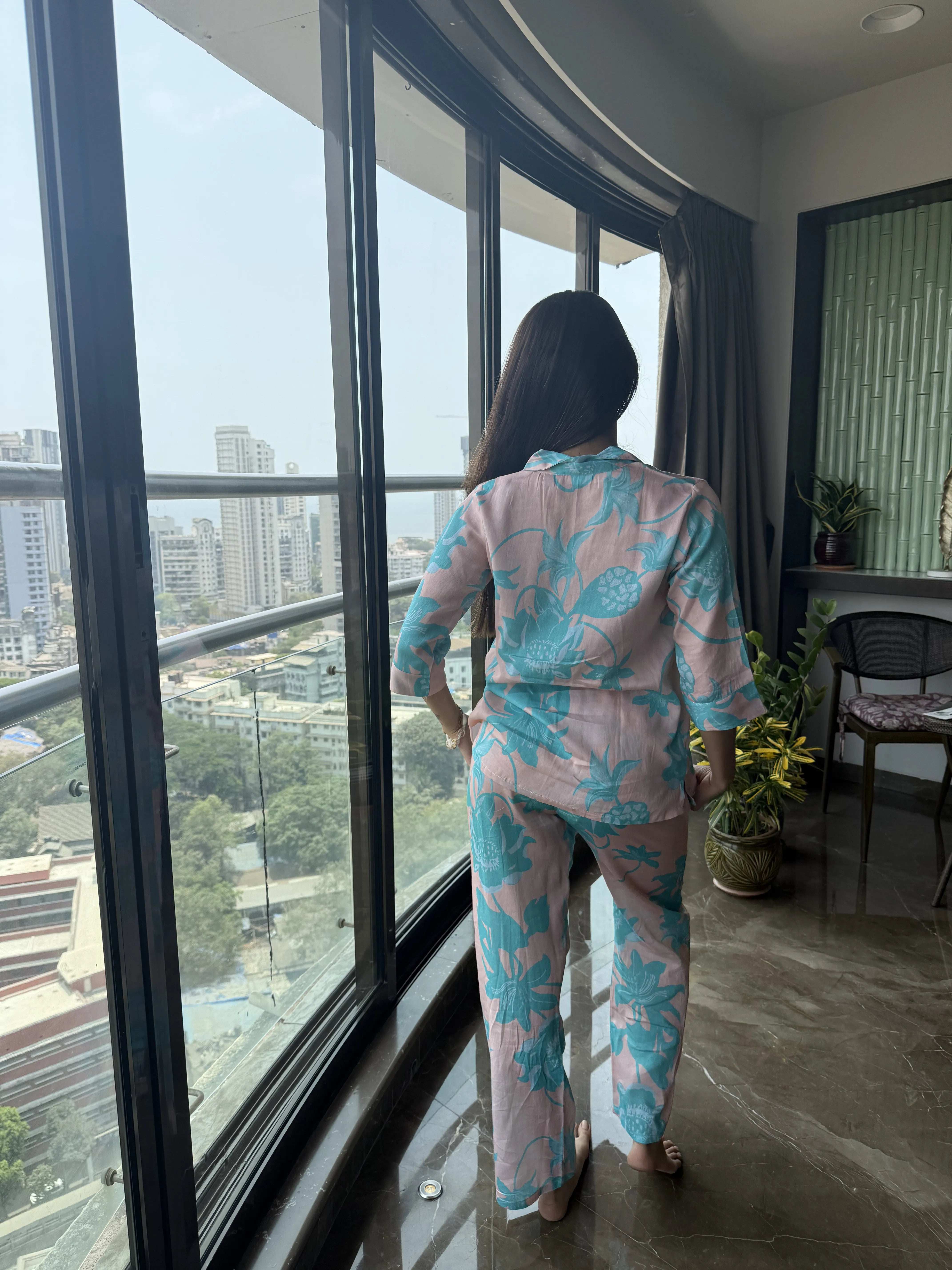 Velure Paisley Cotton Night Suit - Velure - - 3/4 Sleeves, Collar Neck, Cotton, Floral Print, Front Button Open, Full Length Pant