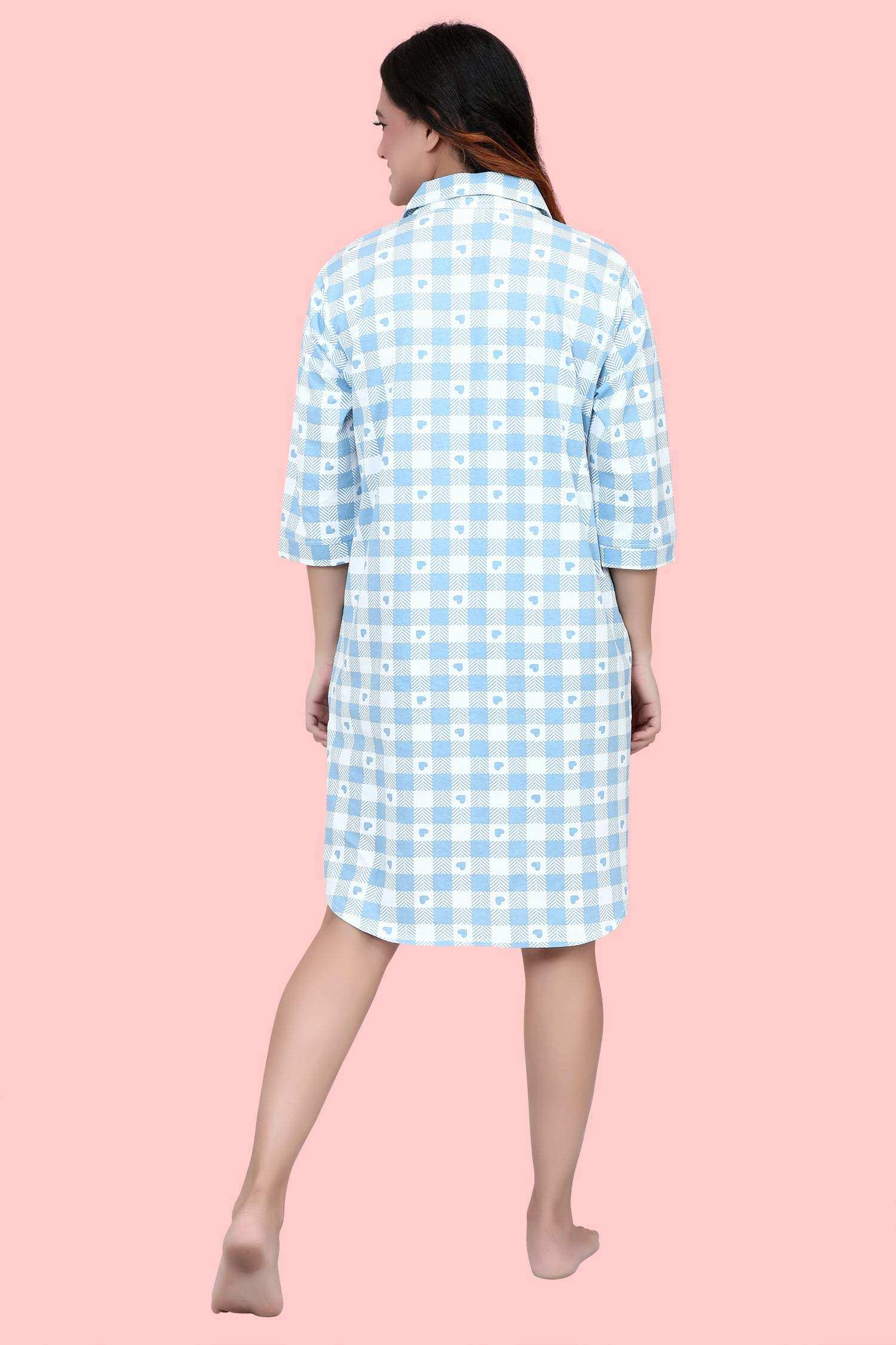 Velure Blue Checked Heart Print Short Night Shirt - Velure - - 3/4 Sleeves, Collar Neck, Cotton, Front Button Open, Knee Length