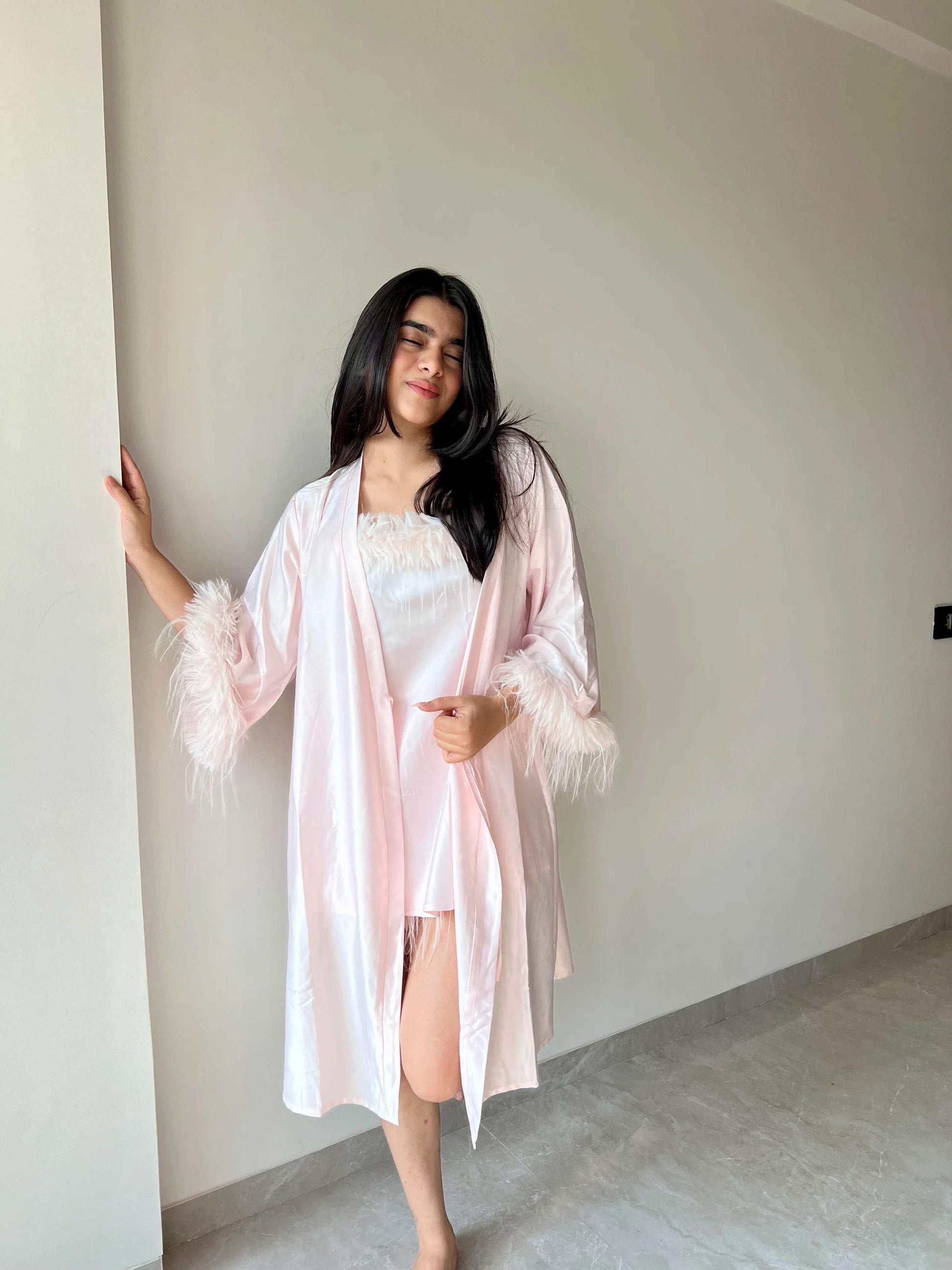 Velure Satin 3 Piece Baby Pink Robe Set - Velure - - Fur, Robe, Satin, Shorts, Spaghetti