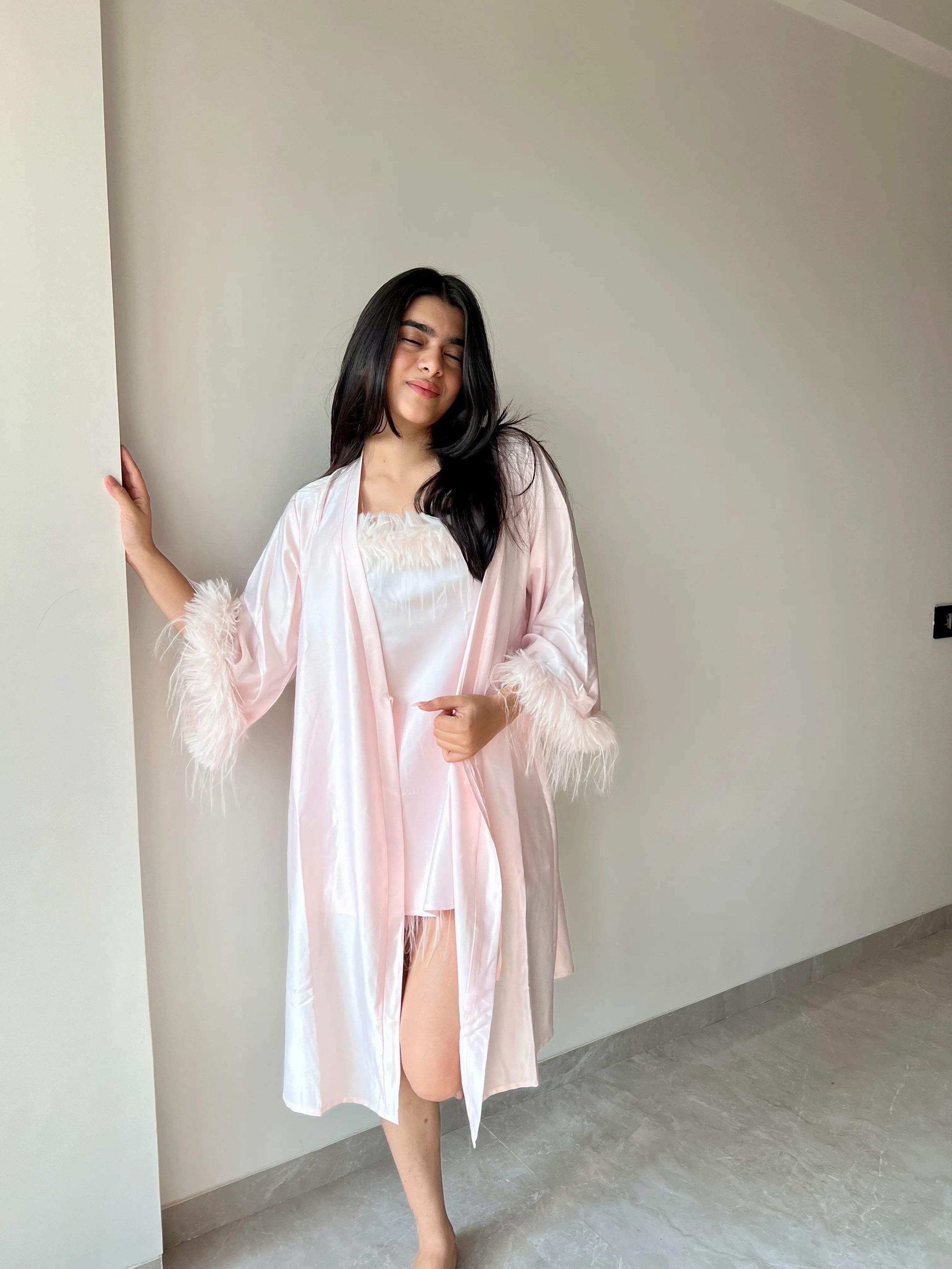 Velure Satin 3 Piece Baby Pink Robe Set - Velure - - Fur, Robe, Satin, Shorts, Spaghetti