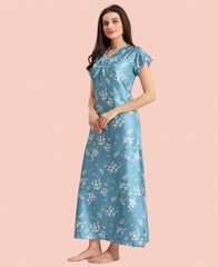 Velure Elegant Floral Print Satin Nighty - Velure - - Floral Print, Full Length Nighty, Half Sleeves Nighty