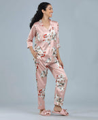 Velure Trendy Fashion Floral Print Night Suit - Velure - - 3/4 Sleeves, Collar Neck, Floral Print, Front Button Open, Full Length Pant, Satin