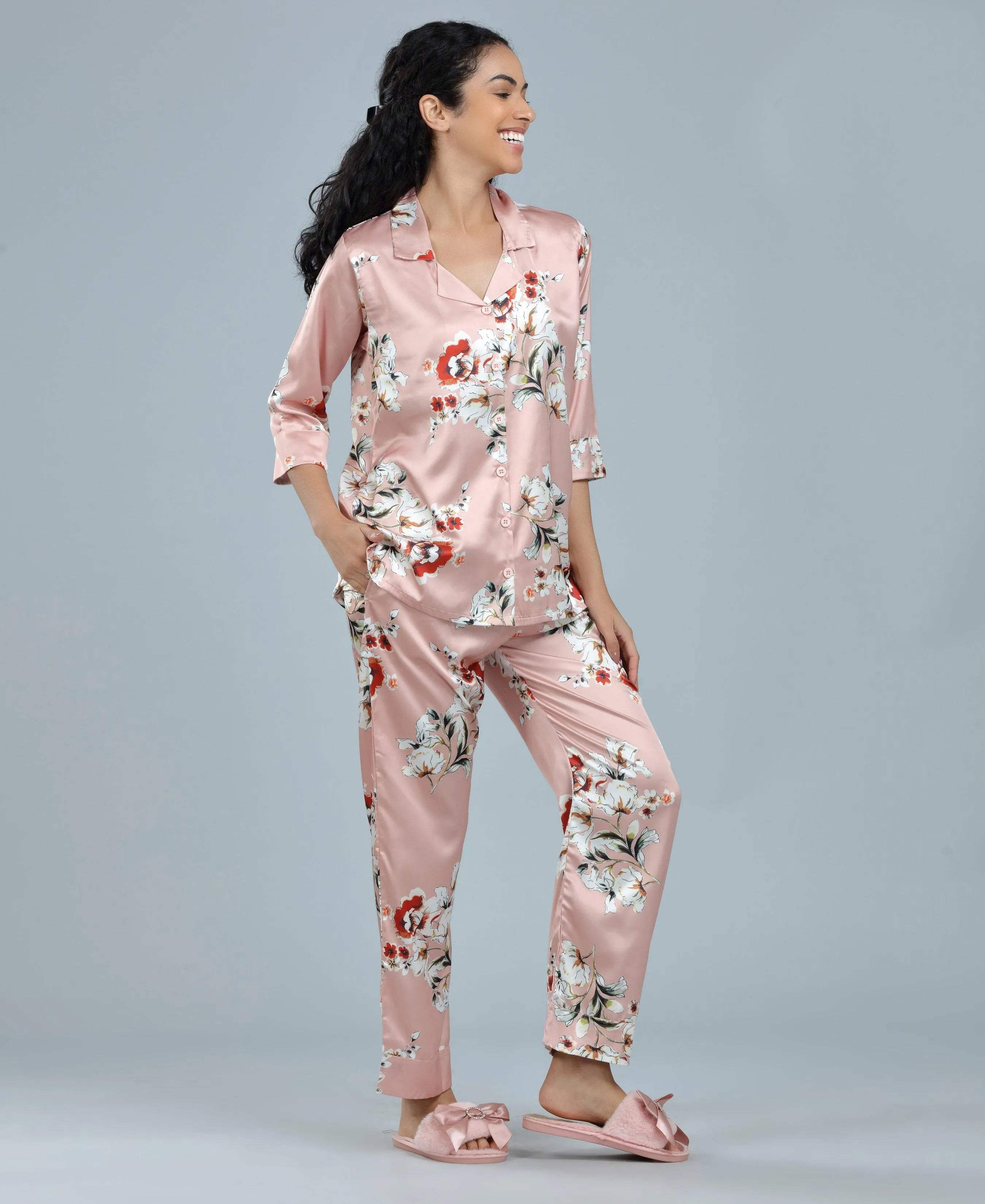 Velure Trendy Fashion Floral Print Night Suit - Velure - - 3/4 Sleeves, Collar Neck, Floral Print, Front Button Open, Full Length Pant, Satin