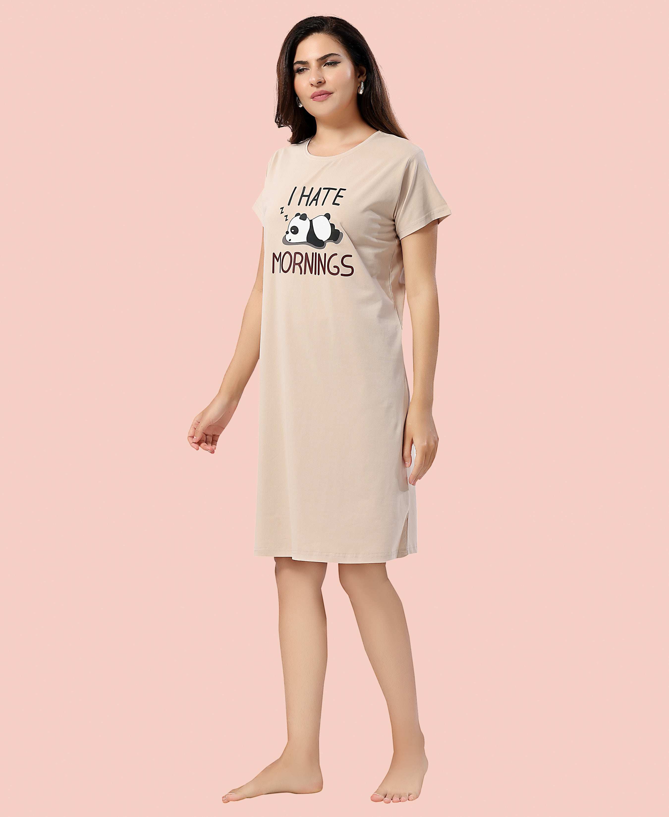 Velure Trendy Playful Panda Short Nighty - Velure - - Cotton, Half Sleeves, Knee Length, Printed