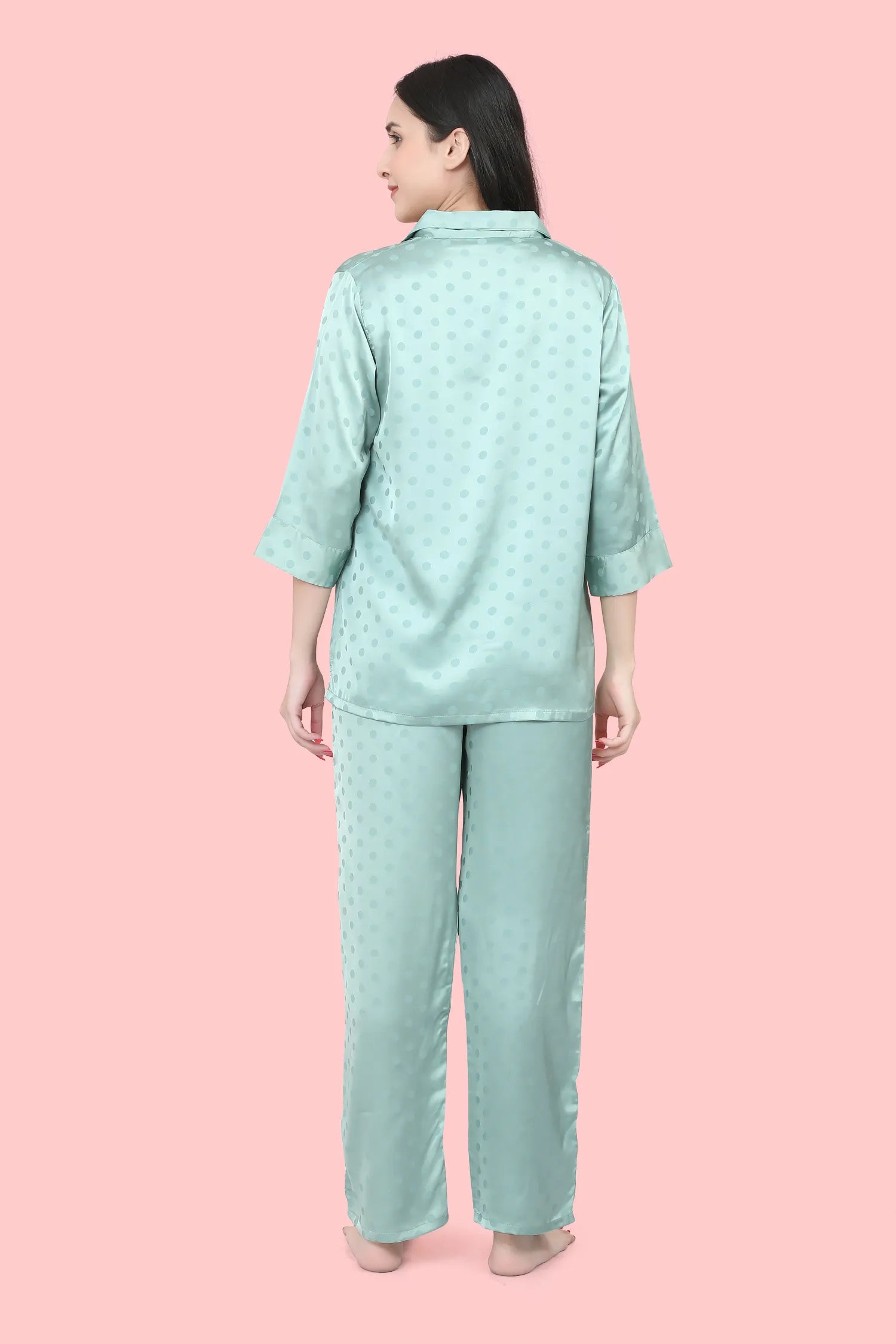 Velure Polka Dot Satin Night Suit - Velure, , Enhance your sleepwear options with the Velure Polka Dot Satin Night Suit. This night suit is crafted from luxurious satin fabric, offering a soothing and cozy sensation against your skin. The dotted design adds a charming element. It perfectly combines fashion and comfort, making it a must-have for your sleepwear collection.