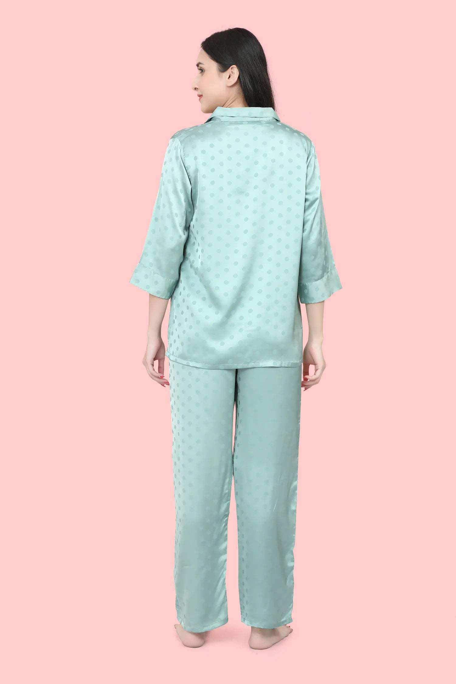 Velure Polka Dot Satin Night Suit - Velure - - 3/4 Sleeves, Collar Neck, Front Button Open, Full Length Pant, Polka Dot, Satin