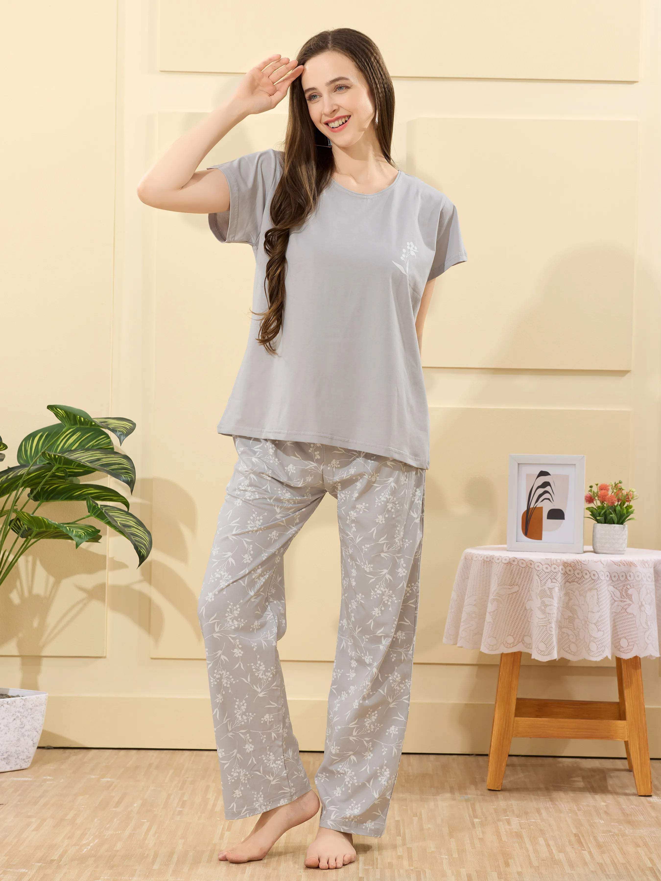 Velure Radiant Grey Floral Printed Pajama Set - Velure - - Cotton Lycra Fabric, Full Length Pant, Half Sleeves, Round neck nightsuit