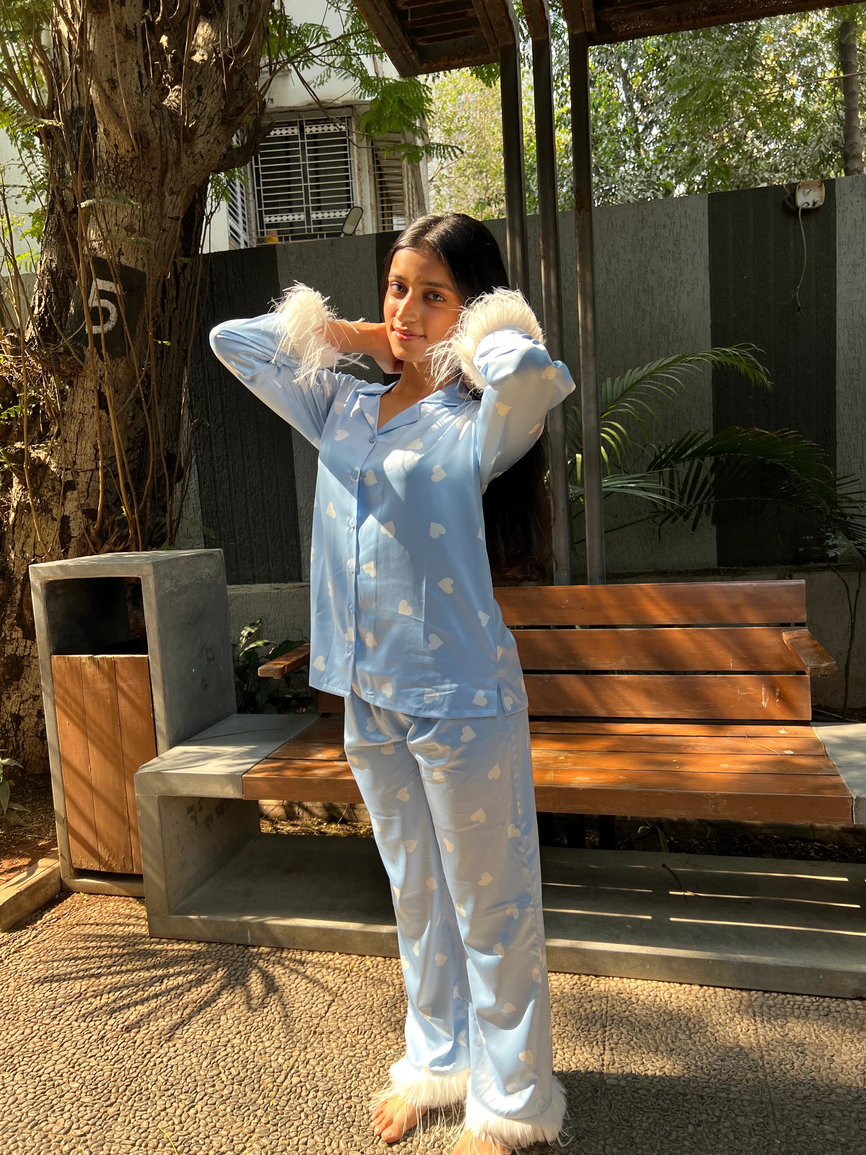 Velure Cute Blue Heart Printed Satin Fur Night Suit - Velure - Shirt and Pant - Front Button Open, Full Length Pant, Fur, Satin