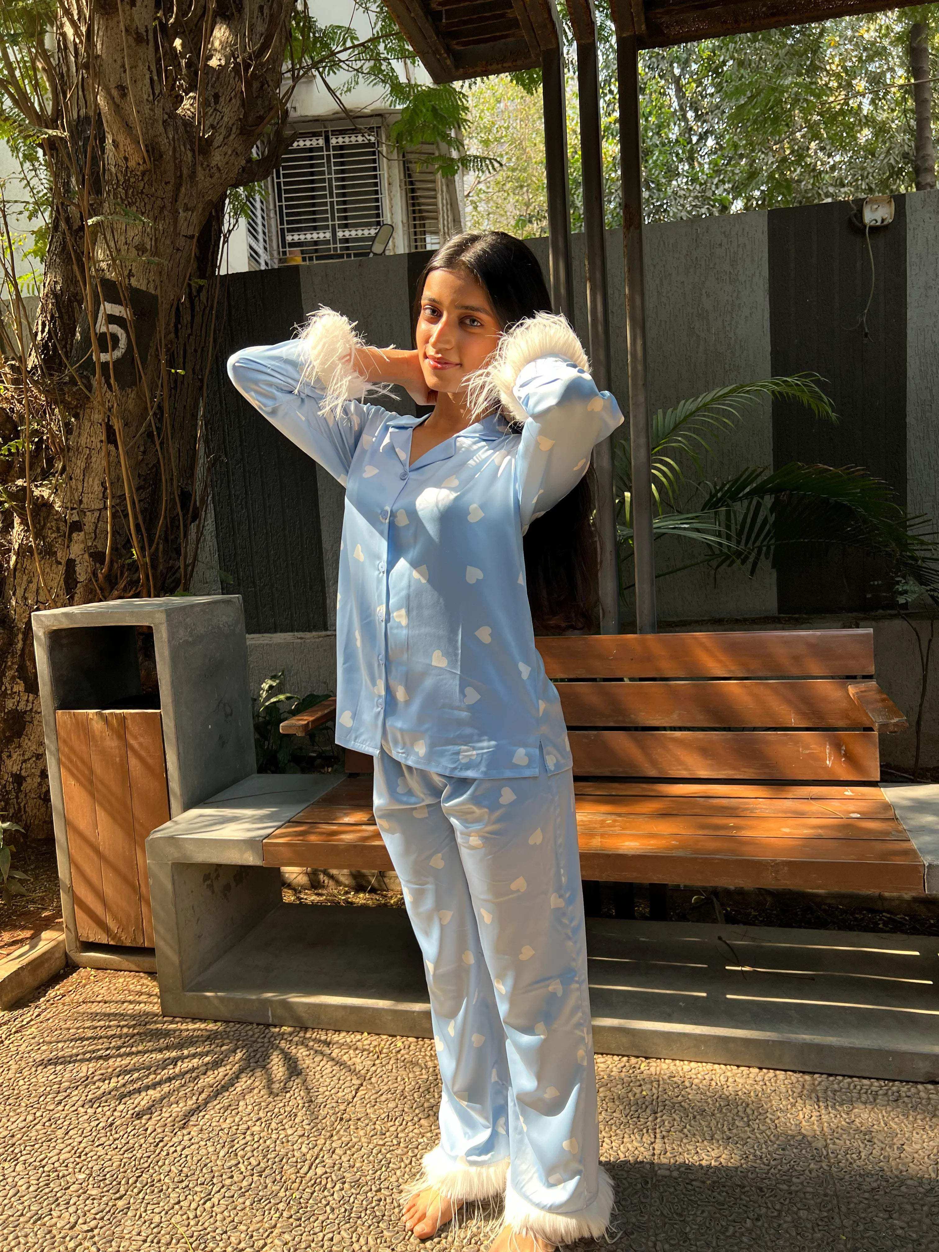 Velure Cute Blue Heart Printed Satin Fur Night Suit - Velure - - Detail-printedfur, Front Button Open, Full Length Pant, Fur, Satin