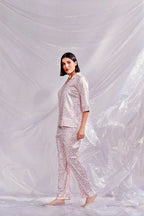 Velure Leopard Print Satin Night Suit - Velure - - 3/4 Sleeves, Collar Neck, Front Button Open, Full Length Pant, Satin