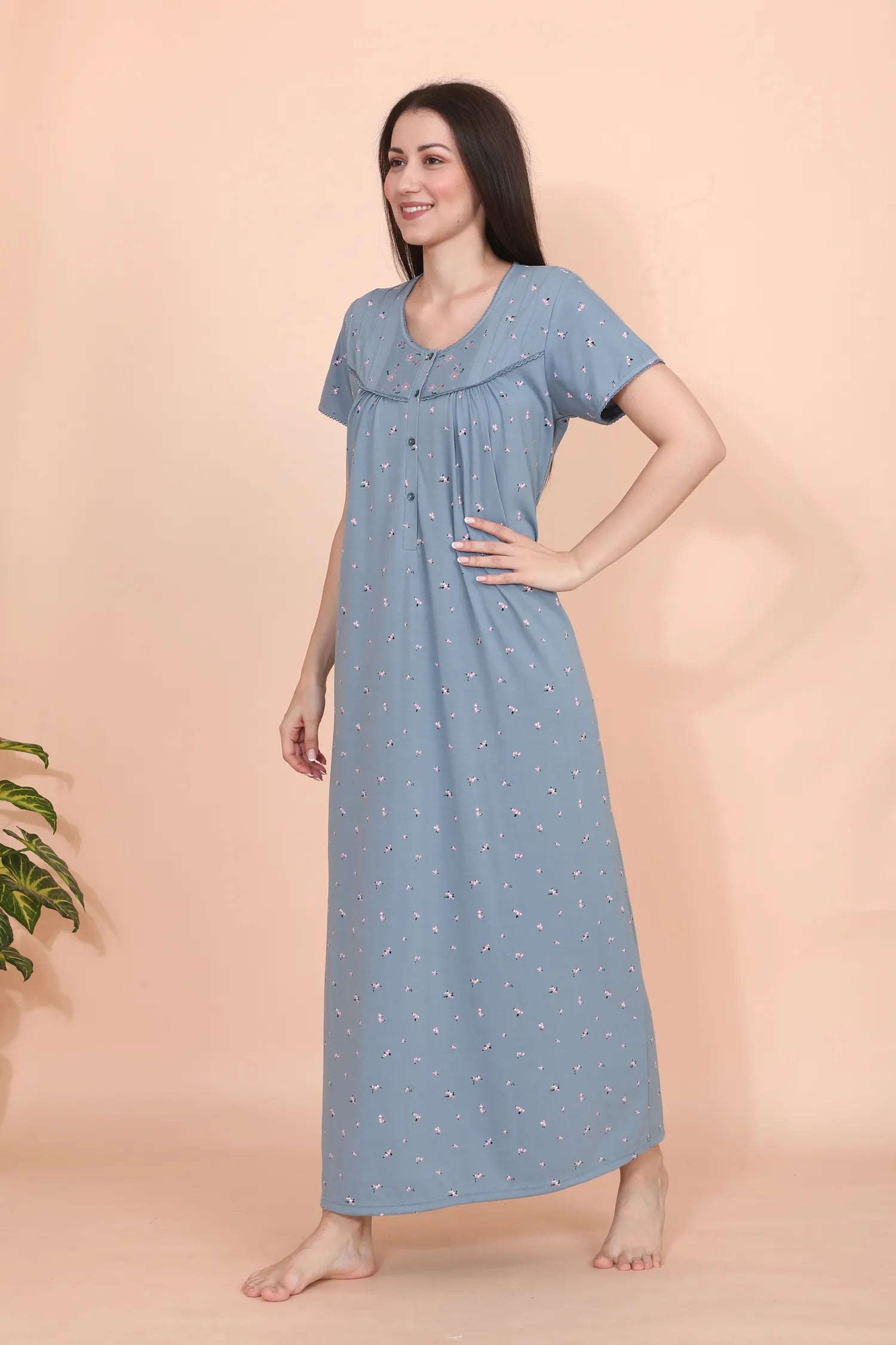 Velure Blue Floral Print Hosiery Nighty