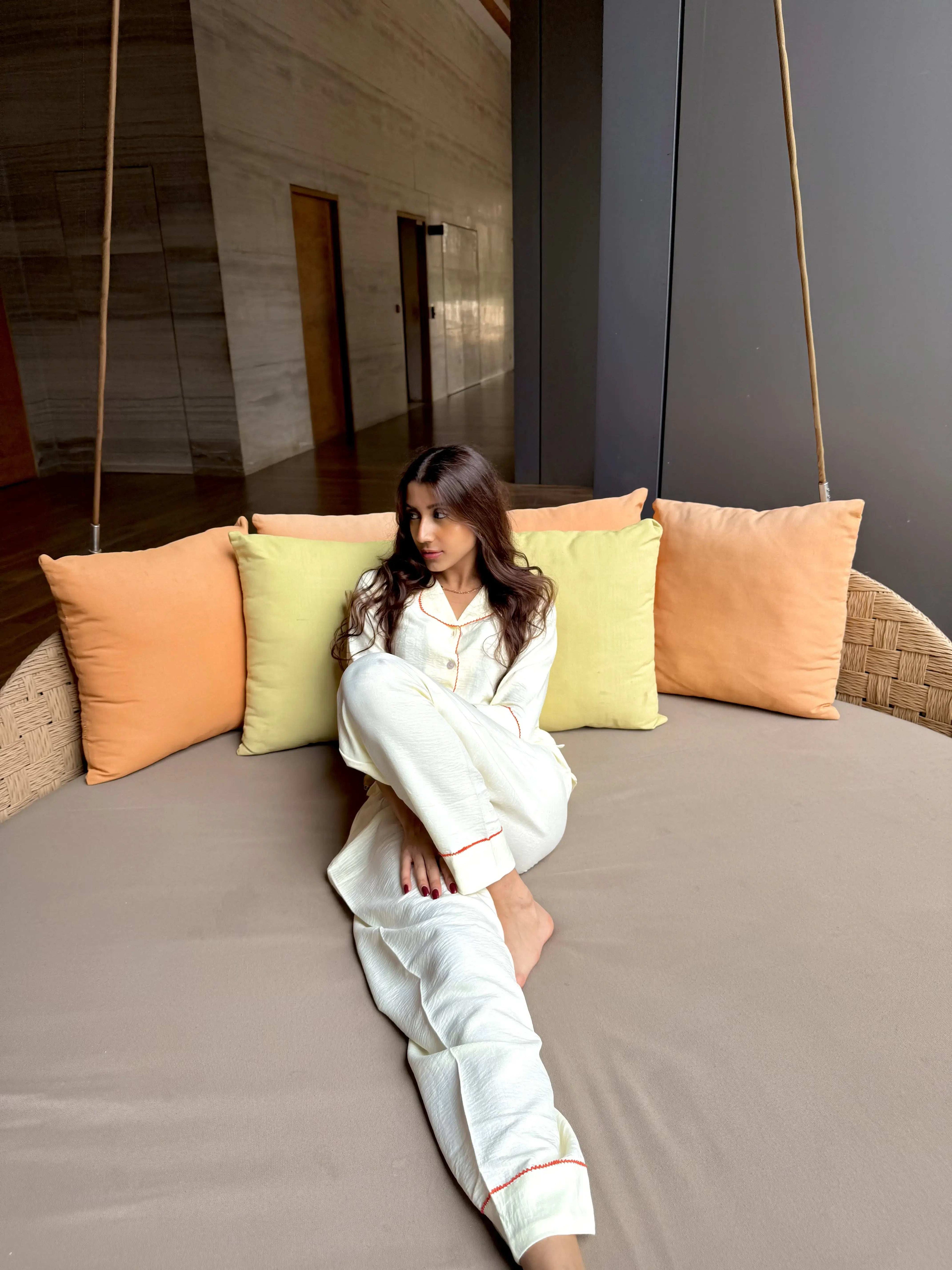 Velure Lemon Cotton Bliss Night Suit - Velure - - 3/4 Sleeves, Collar Neck, Cotton, Detail-scallop, Front Button Open, Full Length Pant