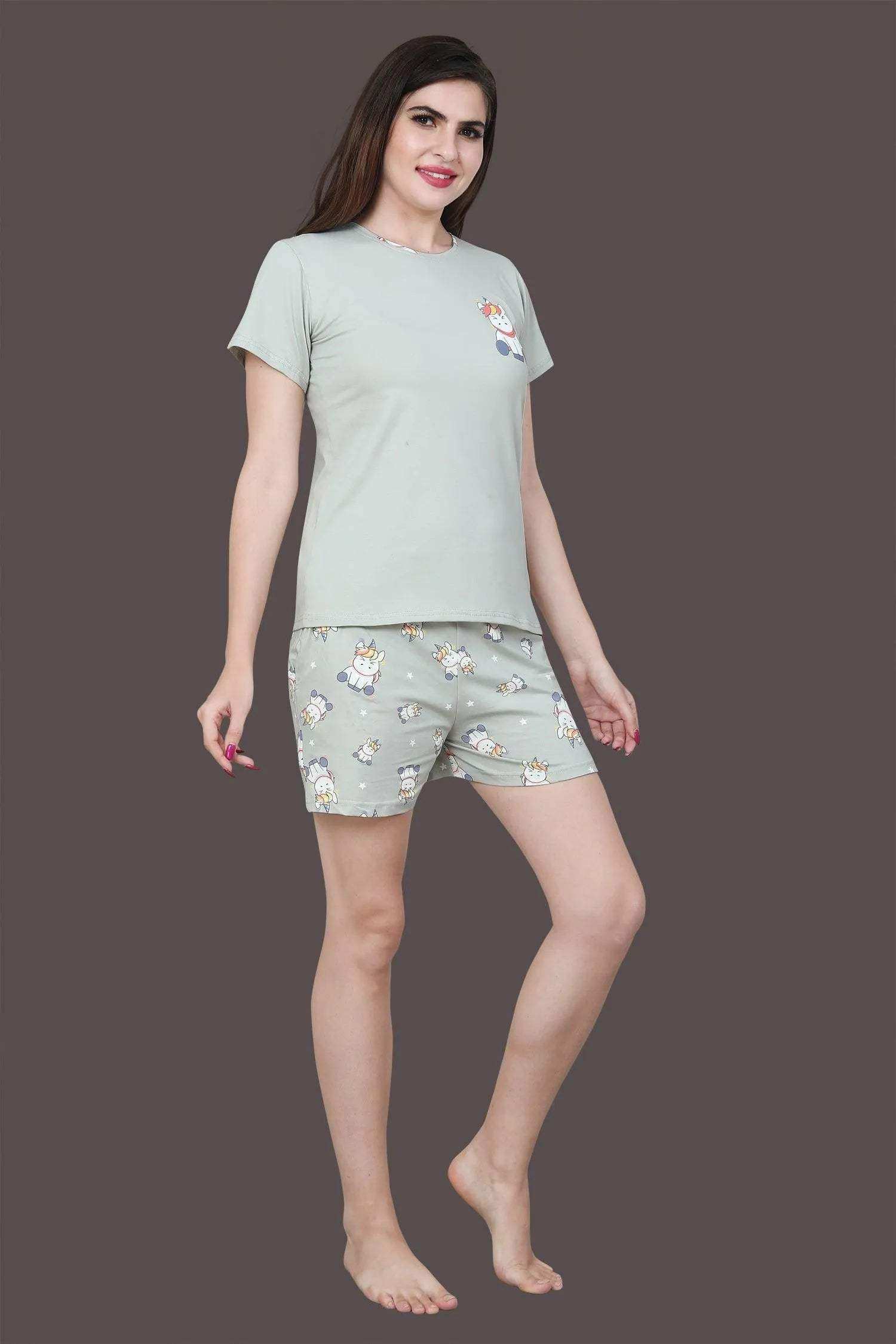 Velure Cute Unicorn Print Shorts Set - Velure - - Cotton Lycra Fabric, Half Sleeves, Printed, Round neck