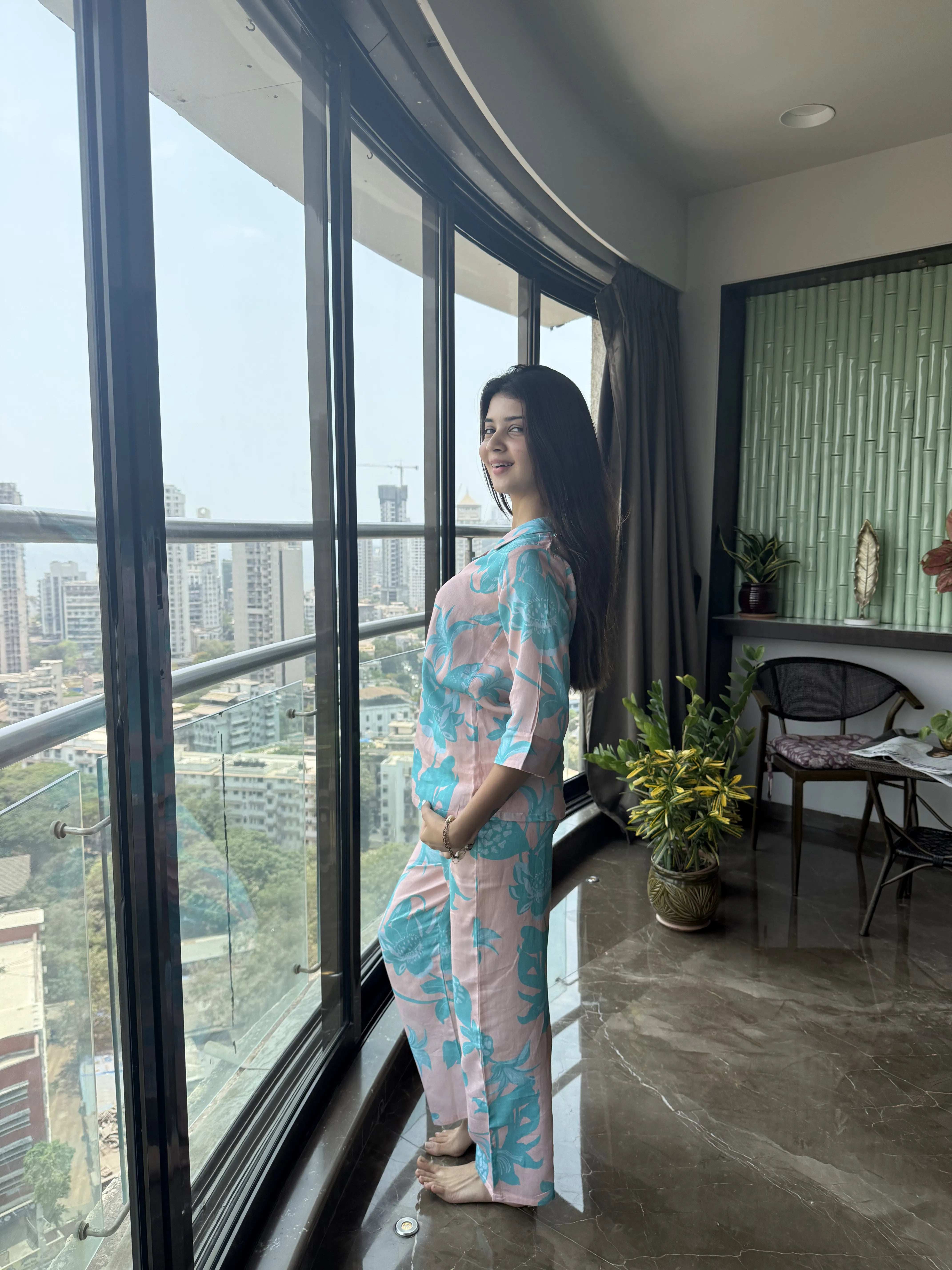 Velure Paisley Cotton Night Suit - Velure - - 3/4 Sleeves, Collar Neck, Cotton, Floral Print, Front Button Open, Full Length Pant