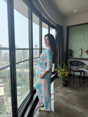 Velure Paisley Cotton Night Suit - Velure - - 3/4 Sleeves, Collar Neck, Cotton, Floral Print, Front Button Open, Full Length Pant