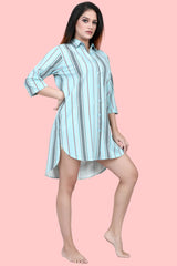 Velure Ethnic Stripes Short Night Shirt - Velure - - Collar Neck, Cotton, Front Button Open, Knee Length, Stripes