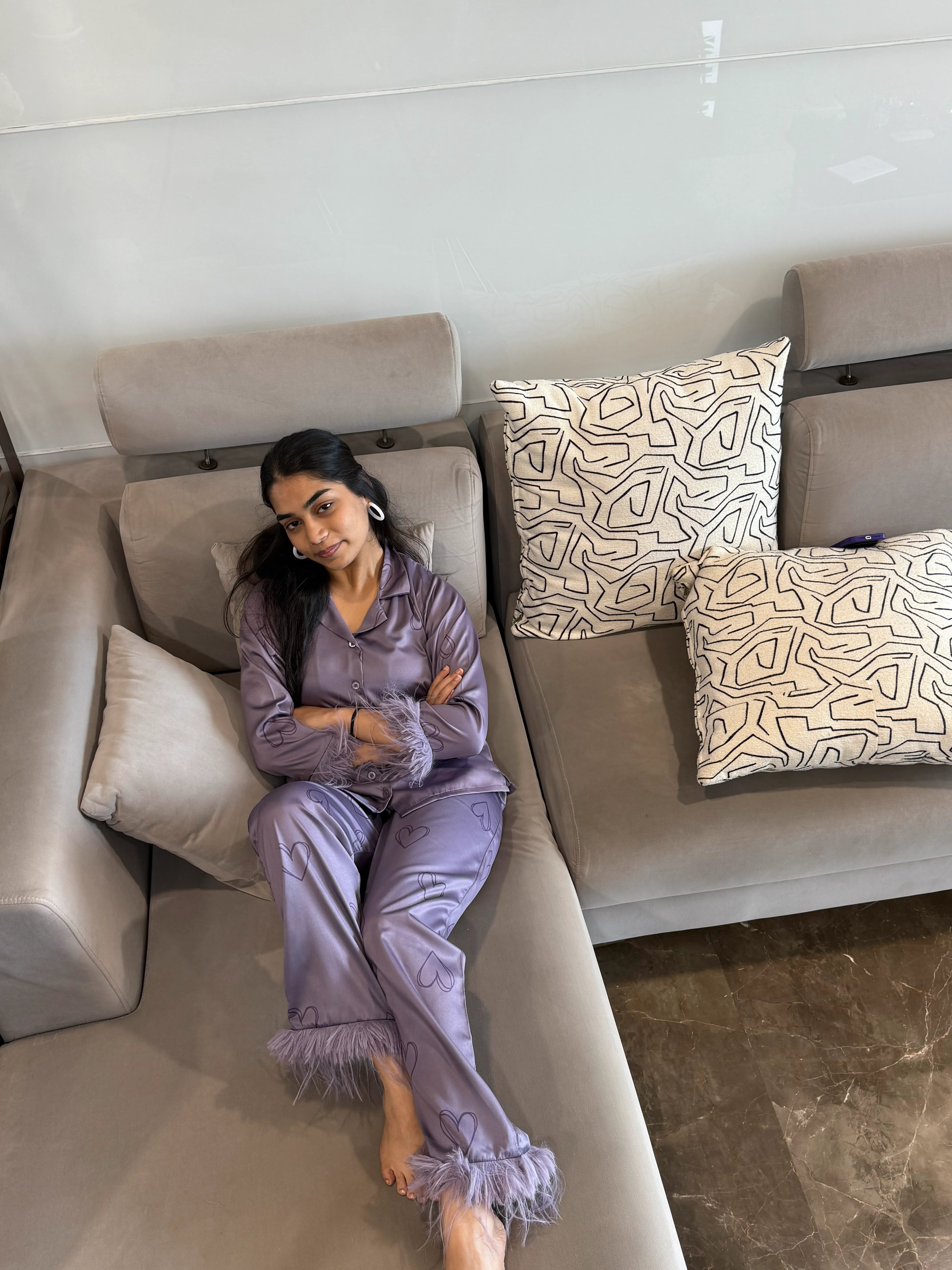 Velure Engrossing Heart Fur Satin Sleepwear Set