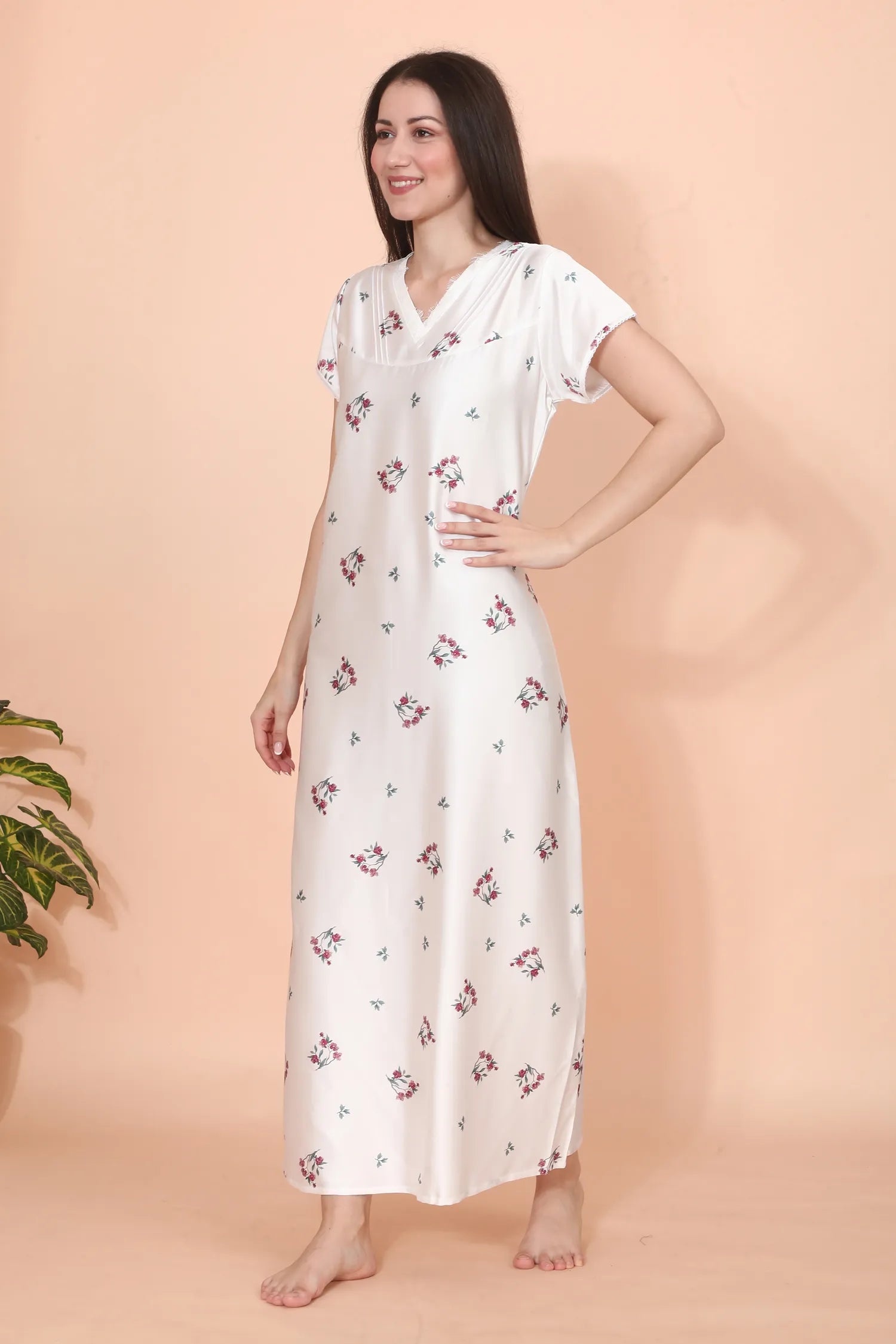 Velure Classic White Floral Print Satin Nighty