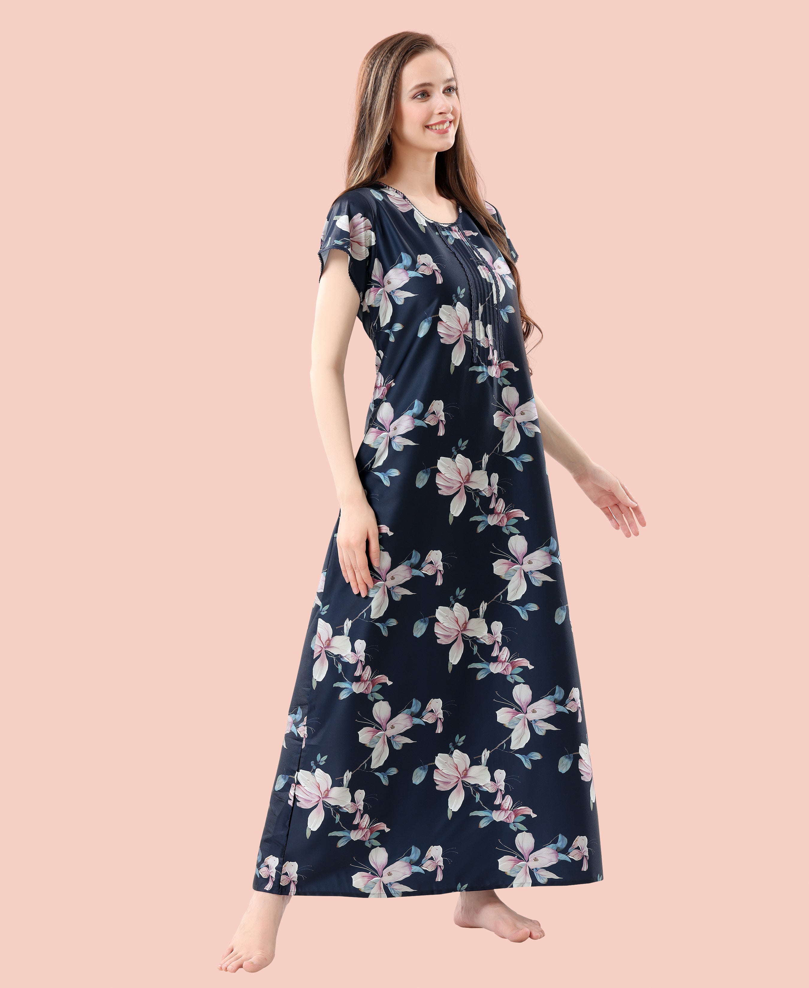 Velure Adorable Floral Print Satin Nighty - Velure - - Floral Print, Full Length Nighty, Half Sleeves Nighty
