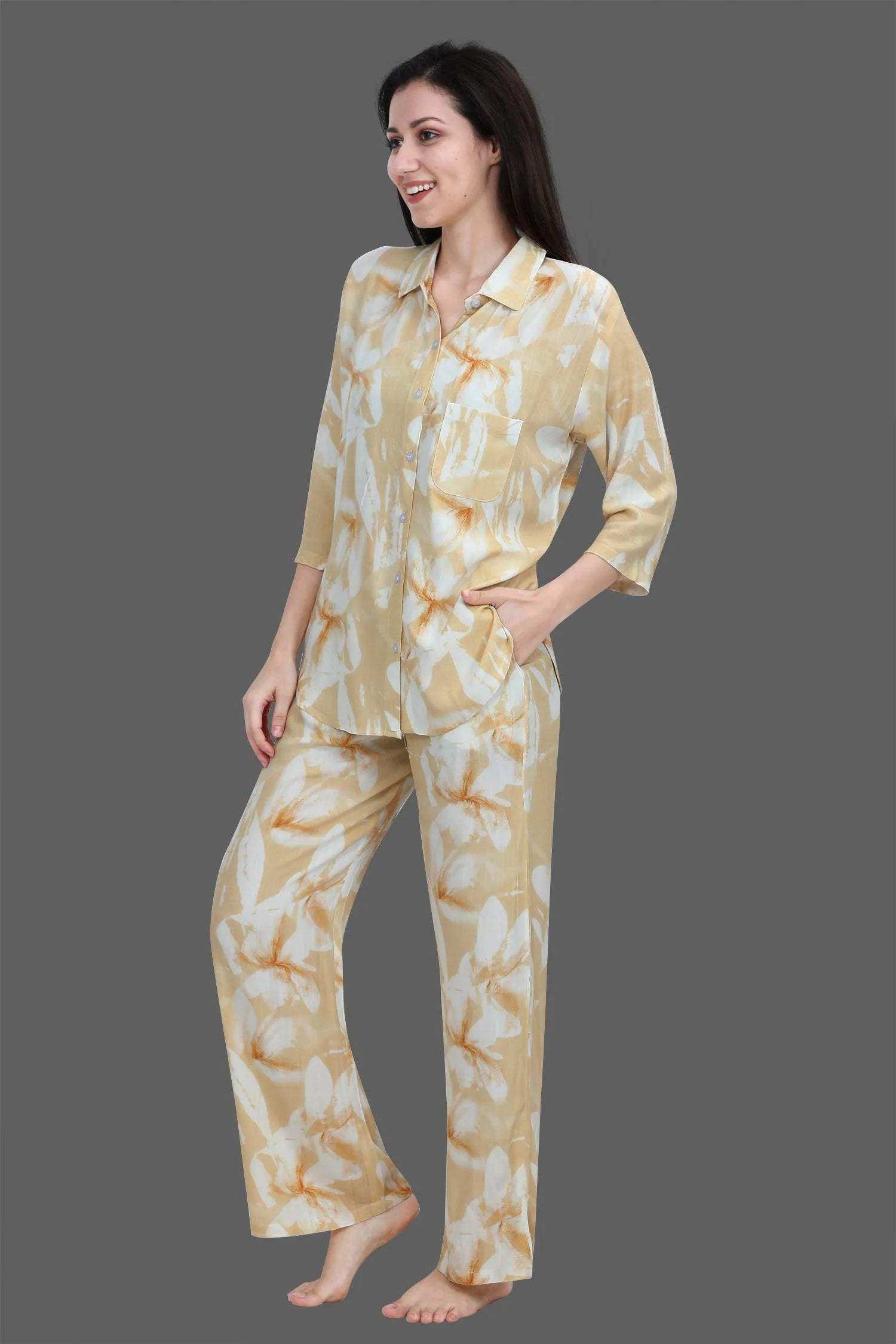 Velure Tunic Floral Palazzo Co-ord Set - Velure - - 3/4 Sleeves, Collar Neck, Front Button Open, Full Length Pant, Linen