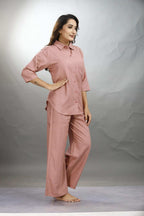 Velure Trendy Brown Palazzo Co-ord Set - Velure - - 3/4 Sleeves, Collar Neck, Front Button Open, Full Length Pant