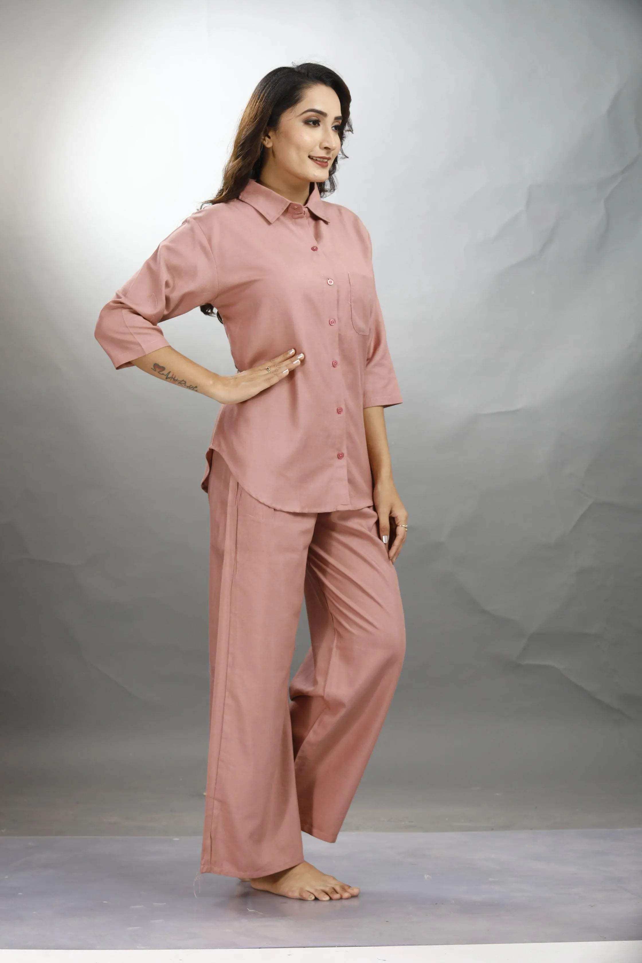 Velure Trendy Brown Palazzo Co-ord Set - Velure - - 3/4 Sleeves, Collar Neck, Front Button Open, Full Length Pant
