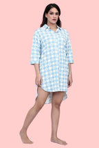 Velure Blue Checked Heart Print Short Night Shirt - Velure - - 3/4 Sleeves, Collar Neck, Cotton, Front Button Open, Knee Length