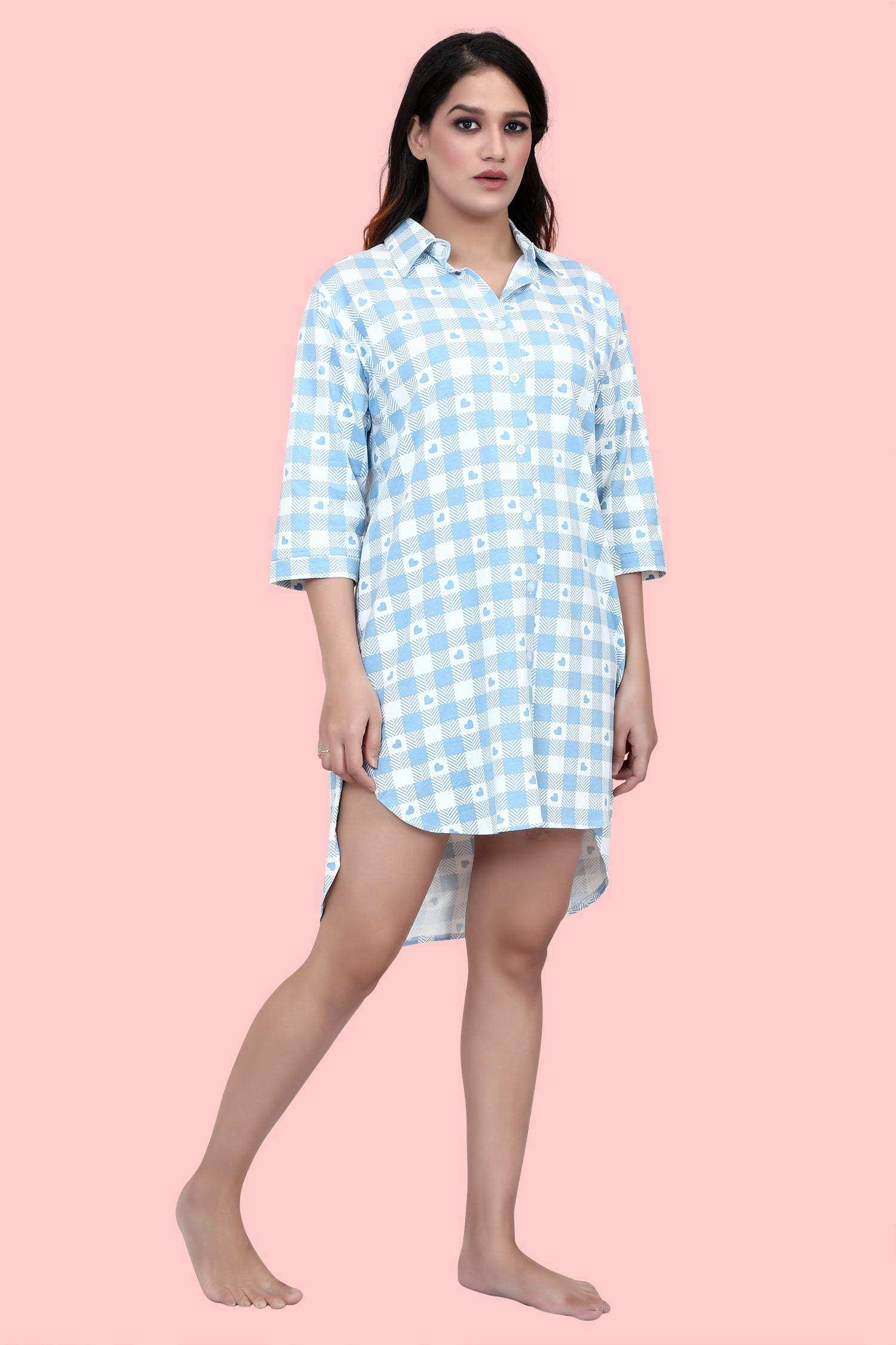 Velure Blue Checked Heart Print Short Night Shirt - Velure - - 3/4 Sleeves, Collar Neck, Cotton, Front Button Open, Knee Length