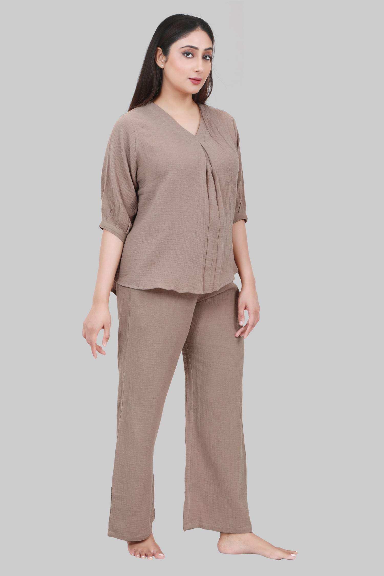 Velure Ethnic Brown Co-ord Set - Velure - - 3/4 Sleeves, Cotton, Full Length Pant, V Neck