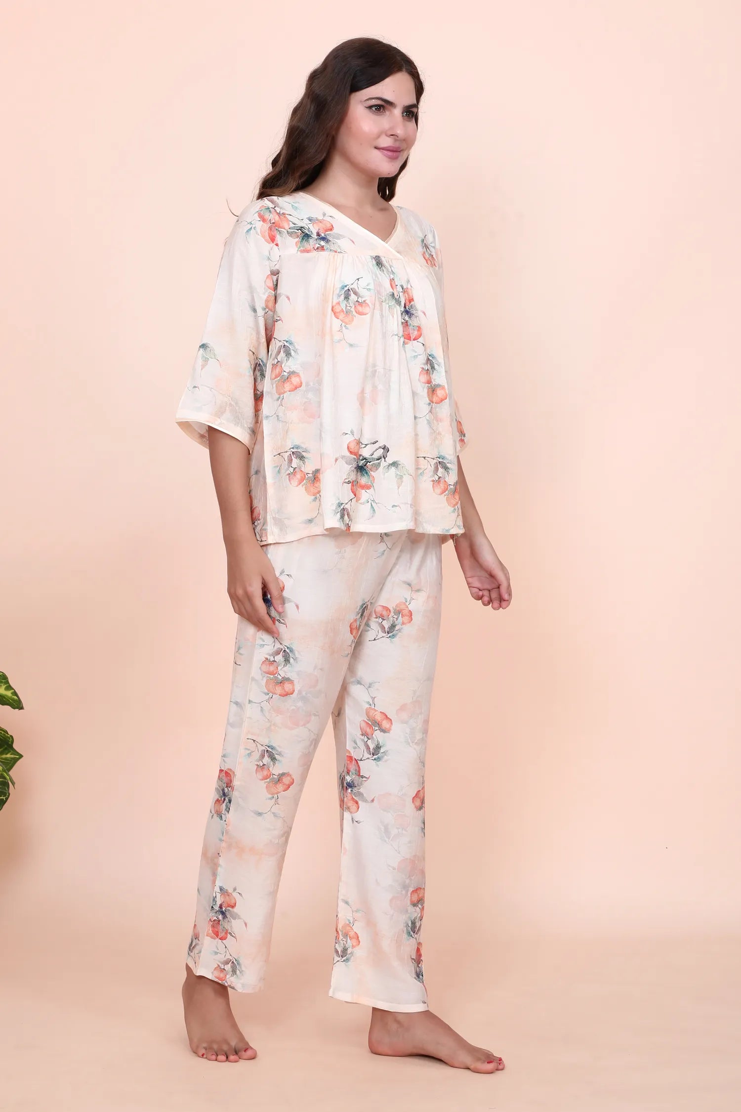 Velure Casual Cream Print Frock-Style Night Suit