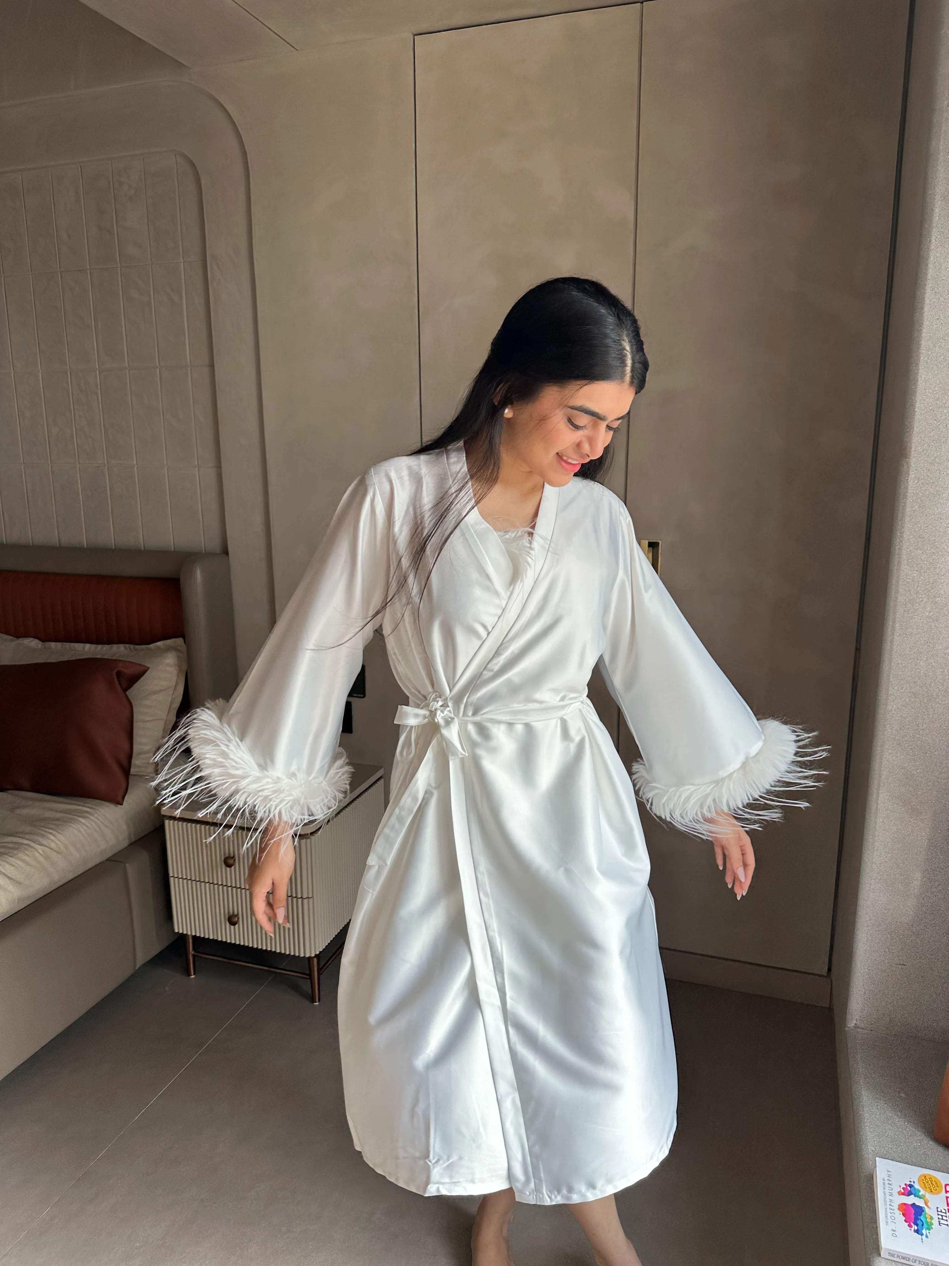 Velure Fuzzy White Robe (Only Robe) - Velure - - 3/4 Length, Center Drawstring, Robe, Satin