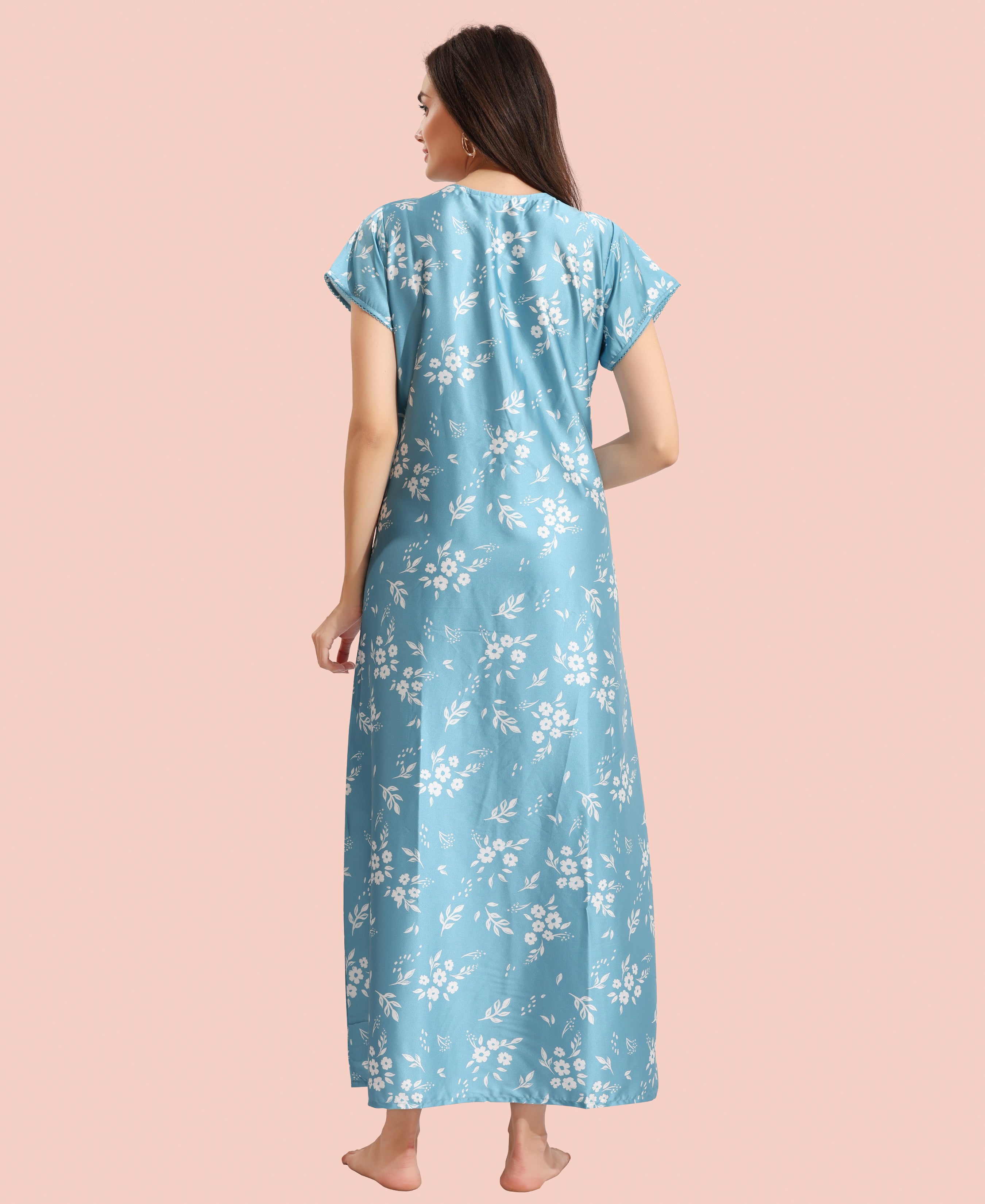 Velure Elegant Floral Print Satin Nighty - Velure - - Floral Print, Full Length Nighty, Half Sleeves Nighty