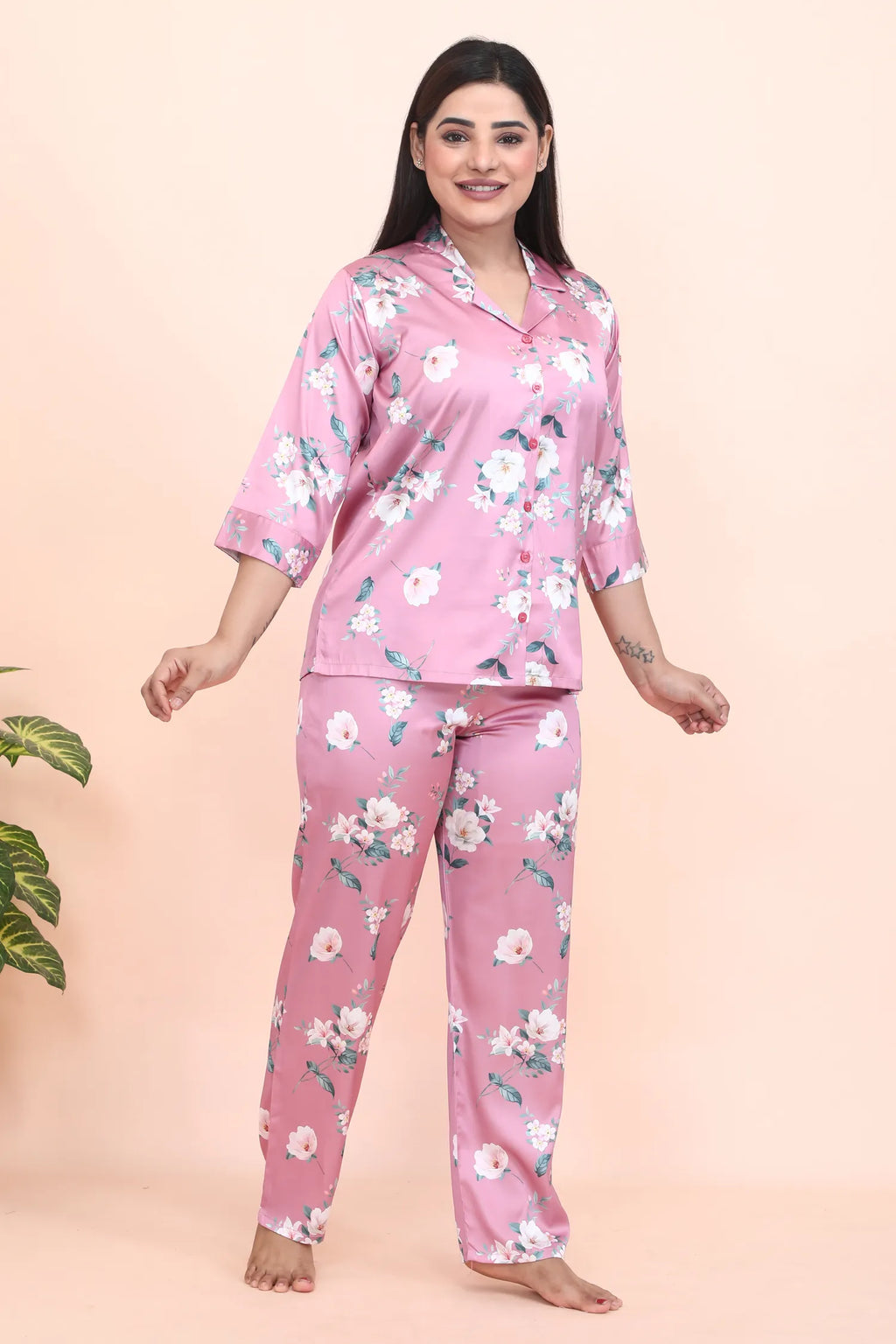 Velure Pink Blush Floral Print Night Suit - Velure - - 3/4 Sleeves, Collar Neck, Front Button Open, Full Length Pant, Satin