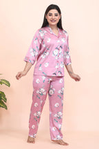 Velure Pink Blush Floral Print Night Suit - Velure - - 3/4 Sleeves, Collar Neck, Front Button Open, Full Length Pant, Satin