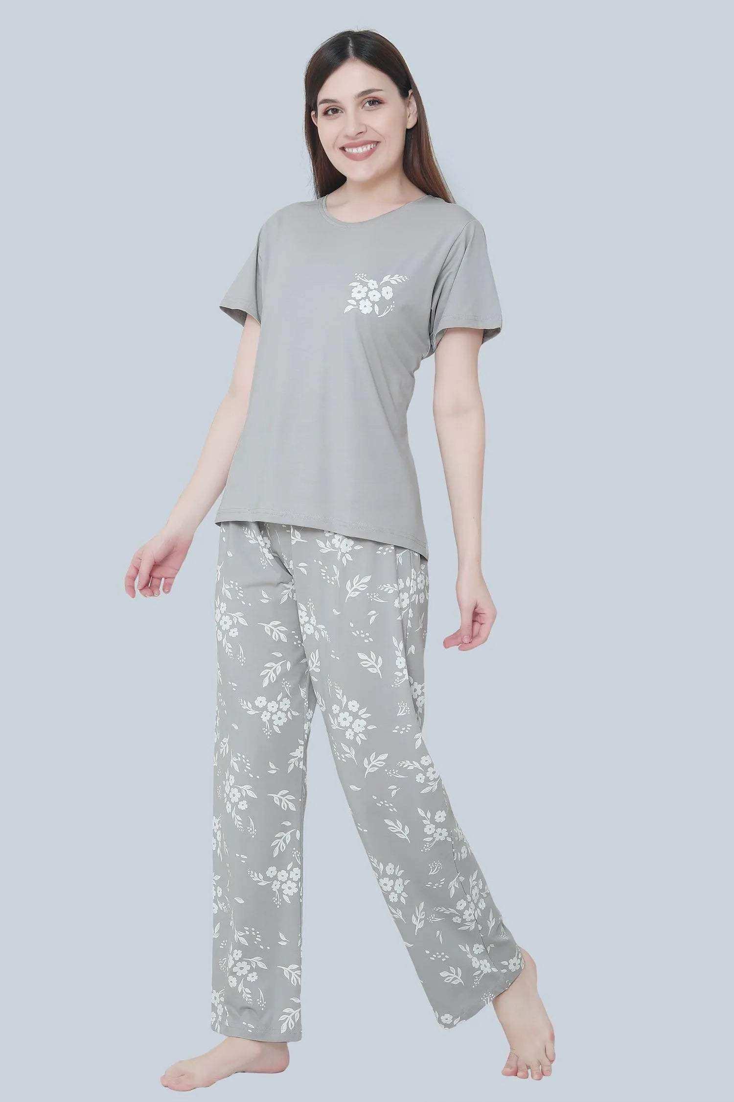 Velure Trendy Floral Print Pajama Set - Velure - - Cotton Lycra Fabric, Floral Print, Full Length Pant, Half Sleeves, Round neck nightsuit