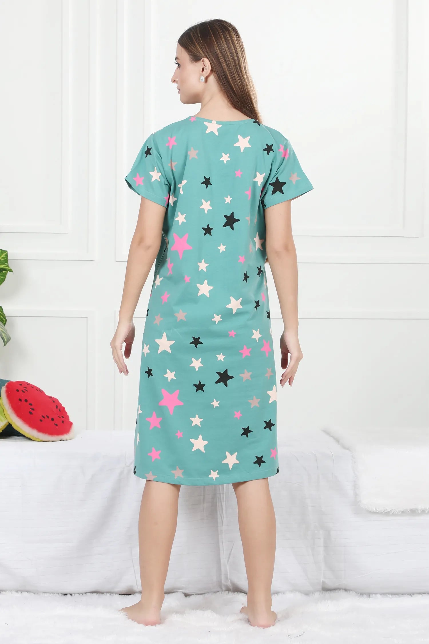 Velure Glossy Star Print Short Nighty - Velure - - Cotton, Half Sleeves, Knee Length, Printed, Round neck