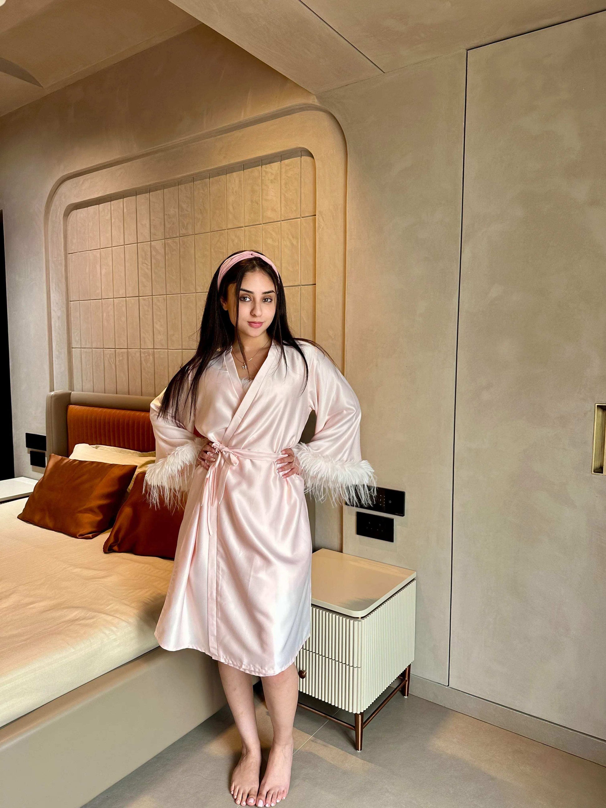 Velure Satin 3 Piece Baby Pink Robe Set - Velure - - Fur, Robe, Satin, Shorts, Spaghetti