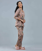 Velure Botanical Satin Print Night Suit - Velure - - 3/4 Sleeves, Collar Neck, Floral Print, Front Button Open, Full Length Pant, Satin